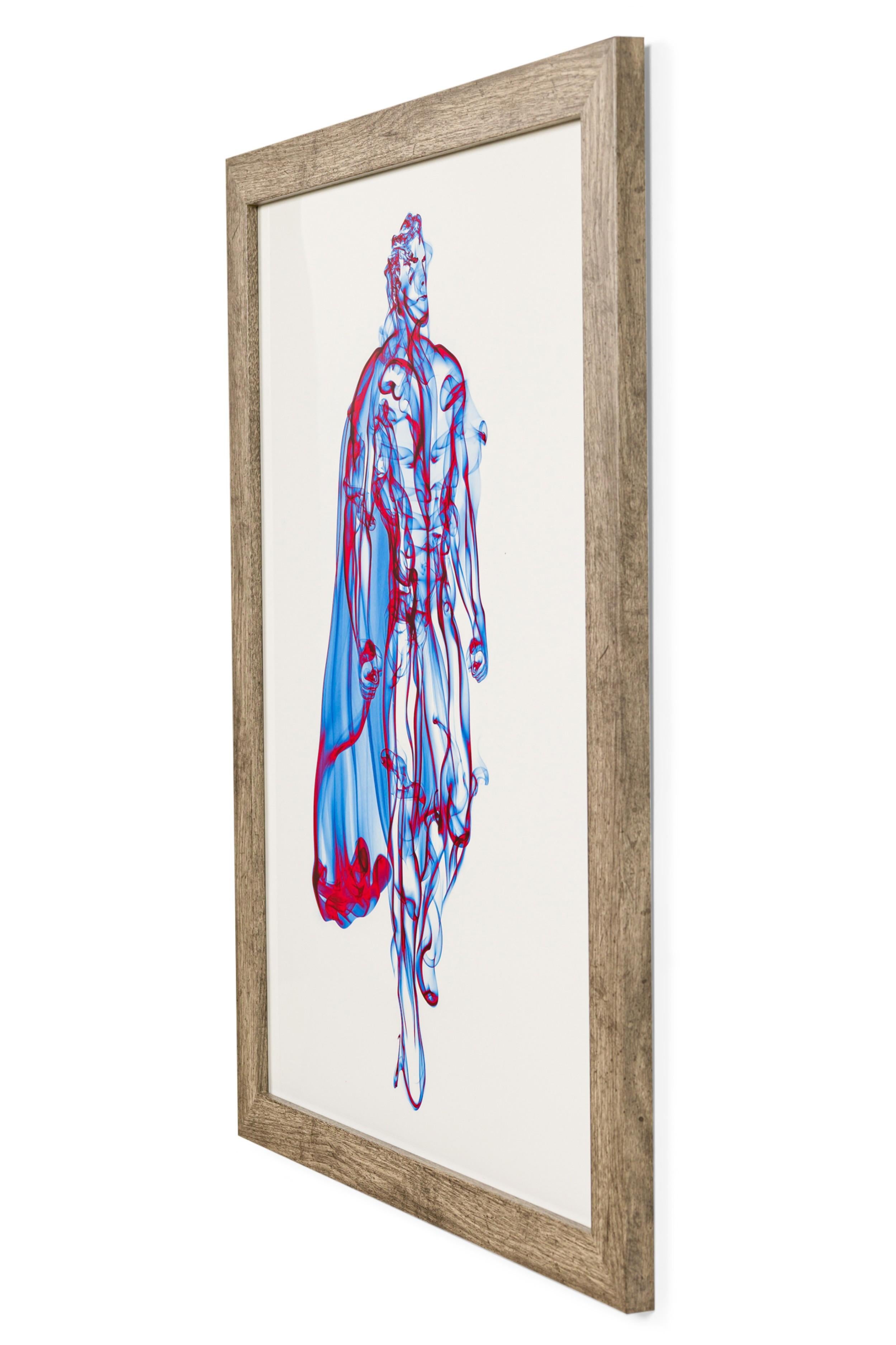 American Contemporary Superheldenposter mit blauem und rotem Rauch in der Silhouette von Superman in einem Rahmen aus kerosinierter Eiche (ähnliche Superheldenfiguren NWL7053-7057)