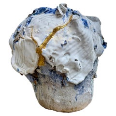 American Contemporary White Bold Ceramic Sculptural Vessel with Kitsugi