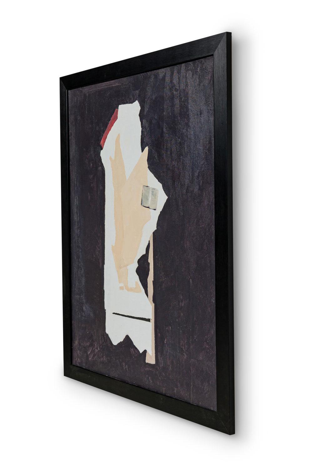 Peinture expressionniste abstraite contemporaine américaine de style collage présentant un fond noir et un collage jaune, marron, blanc et beige.