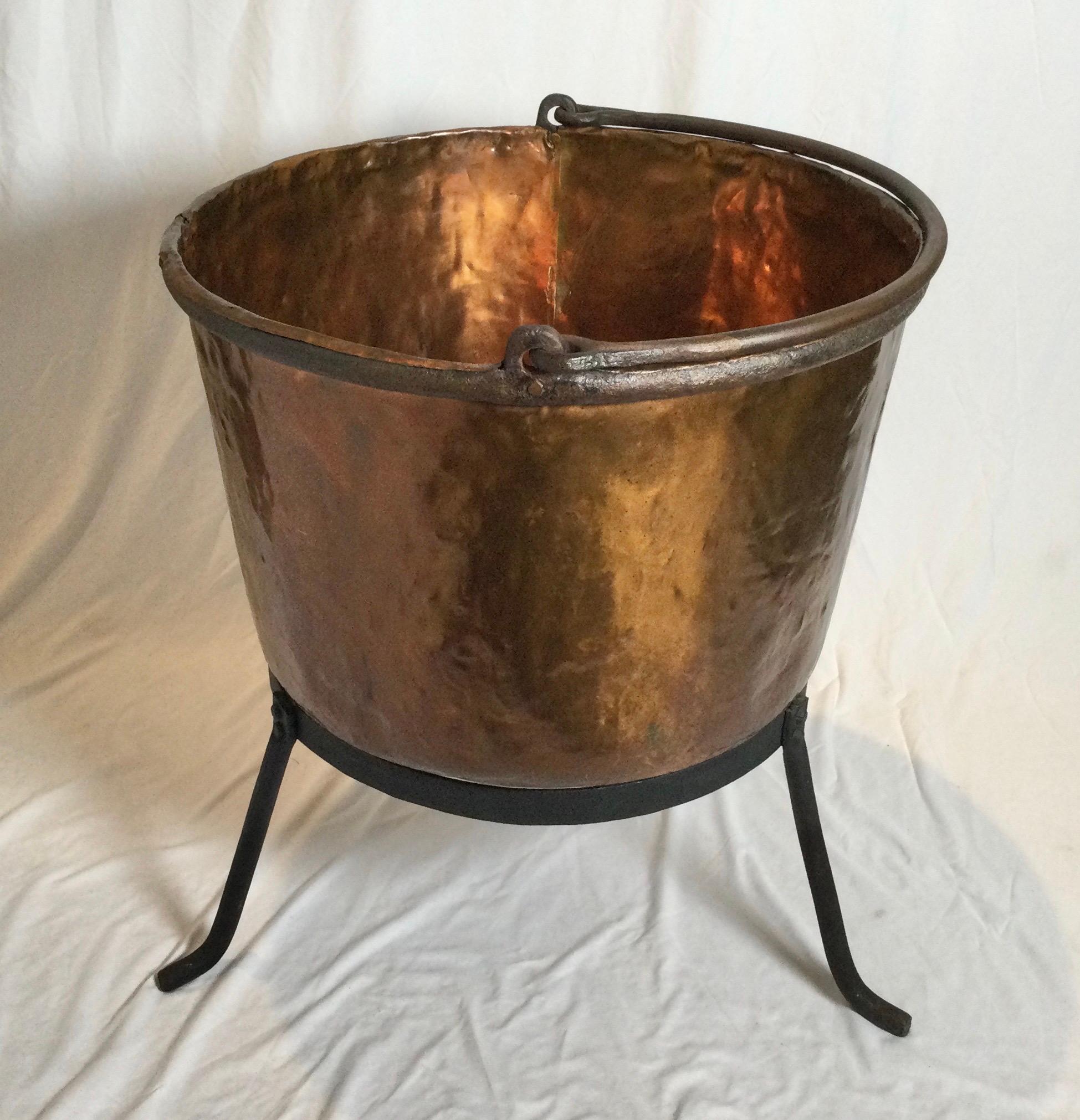 American Copper and Wrought Iron Cauldron on Stand For Sale at 1stDibs