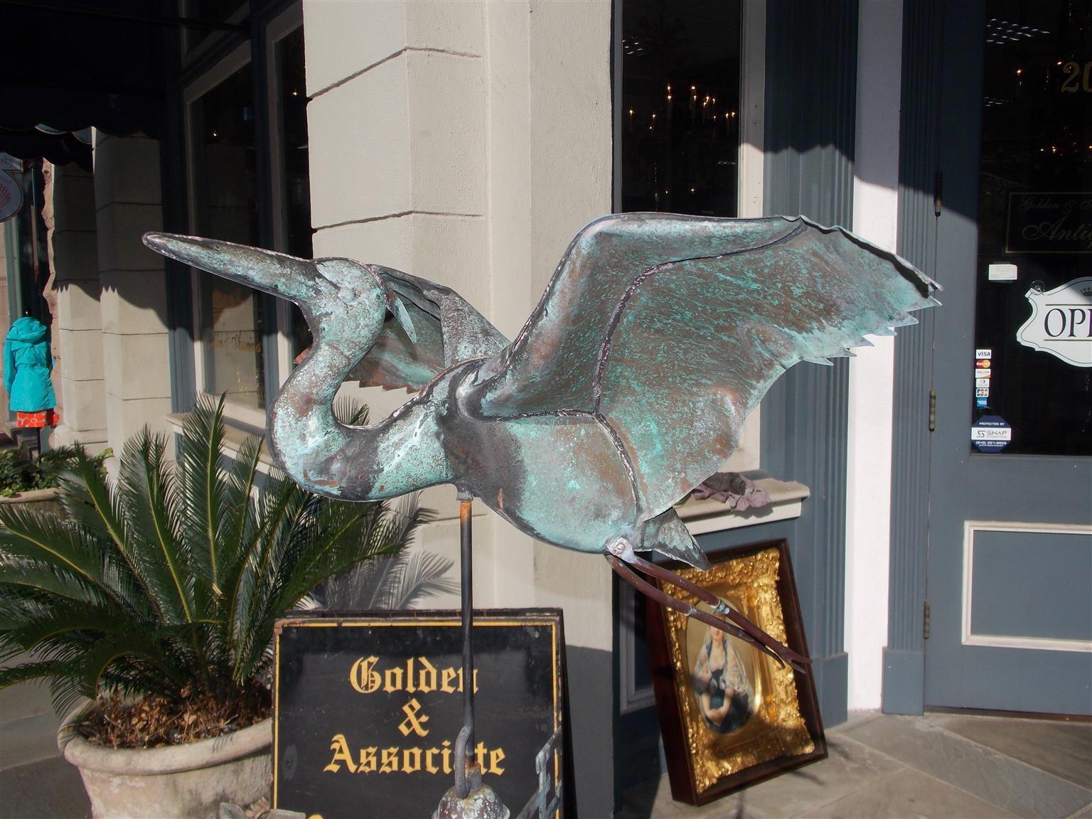 Folk Art American Copper and Zinc Egret Directional Weathervane Mounted on Stand, C. 1870