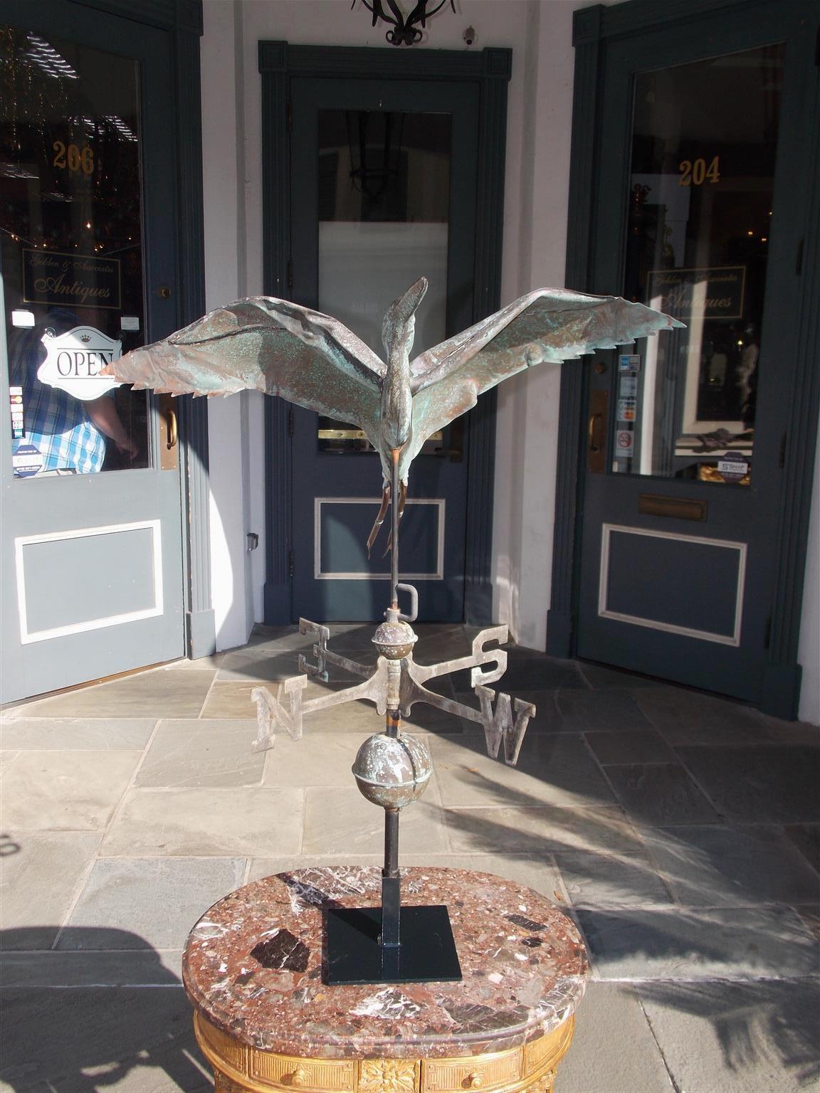 Cast American Copper and Zinc Egret Directional Weathervane Mounted on Stand, C. 1870