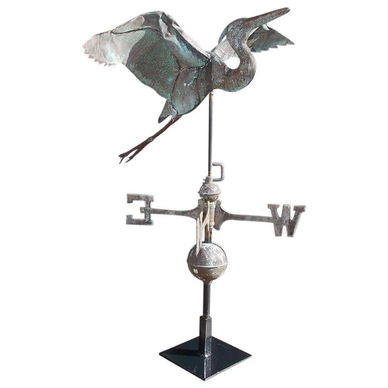American Copper and Zinc Egret Directional Weathervane Mounted on Stand