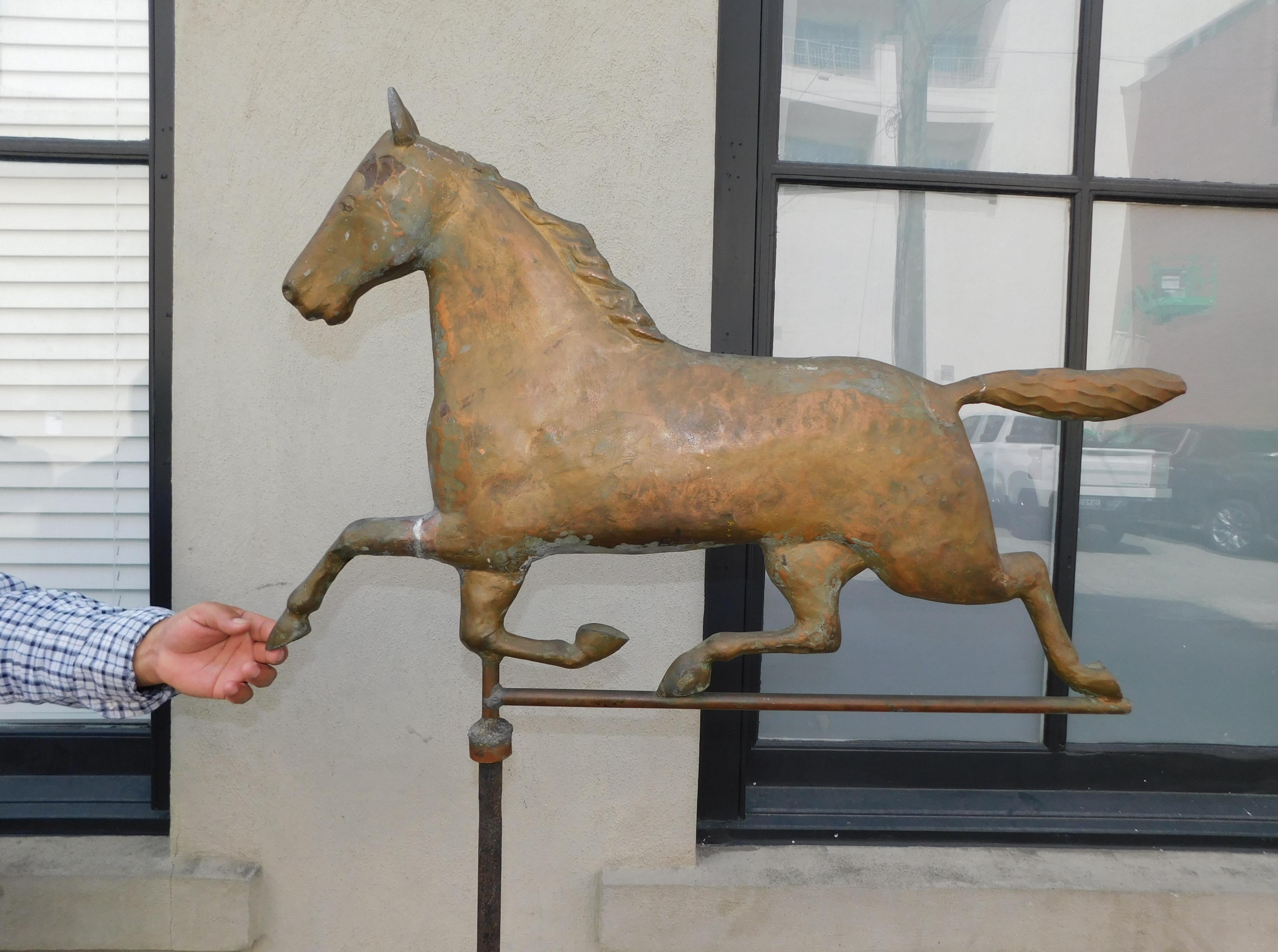 Folk Art American Copper Full Bodied Horse Weather Vane with Directional on Stand, C 1890