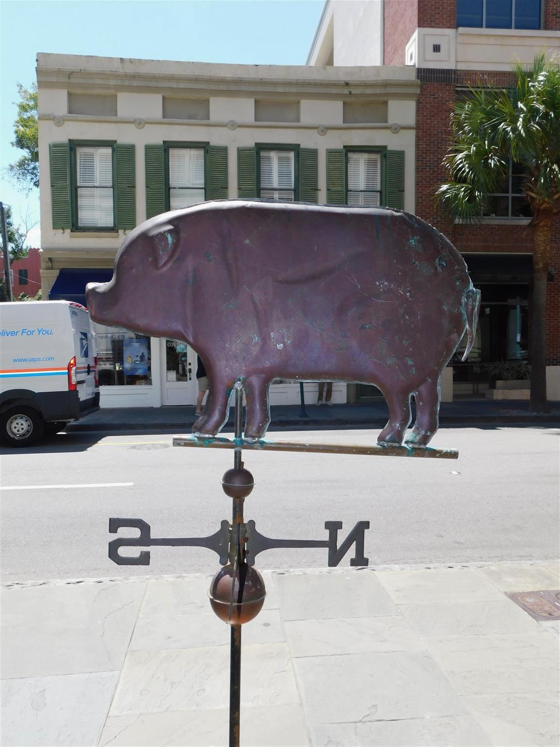 American Copper Full Bodied Pig Directional Weathervane on Stand, circa 1880 For Sale 2