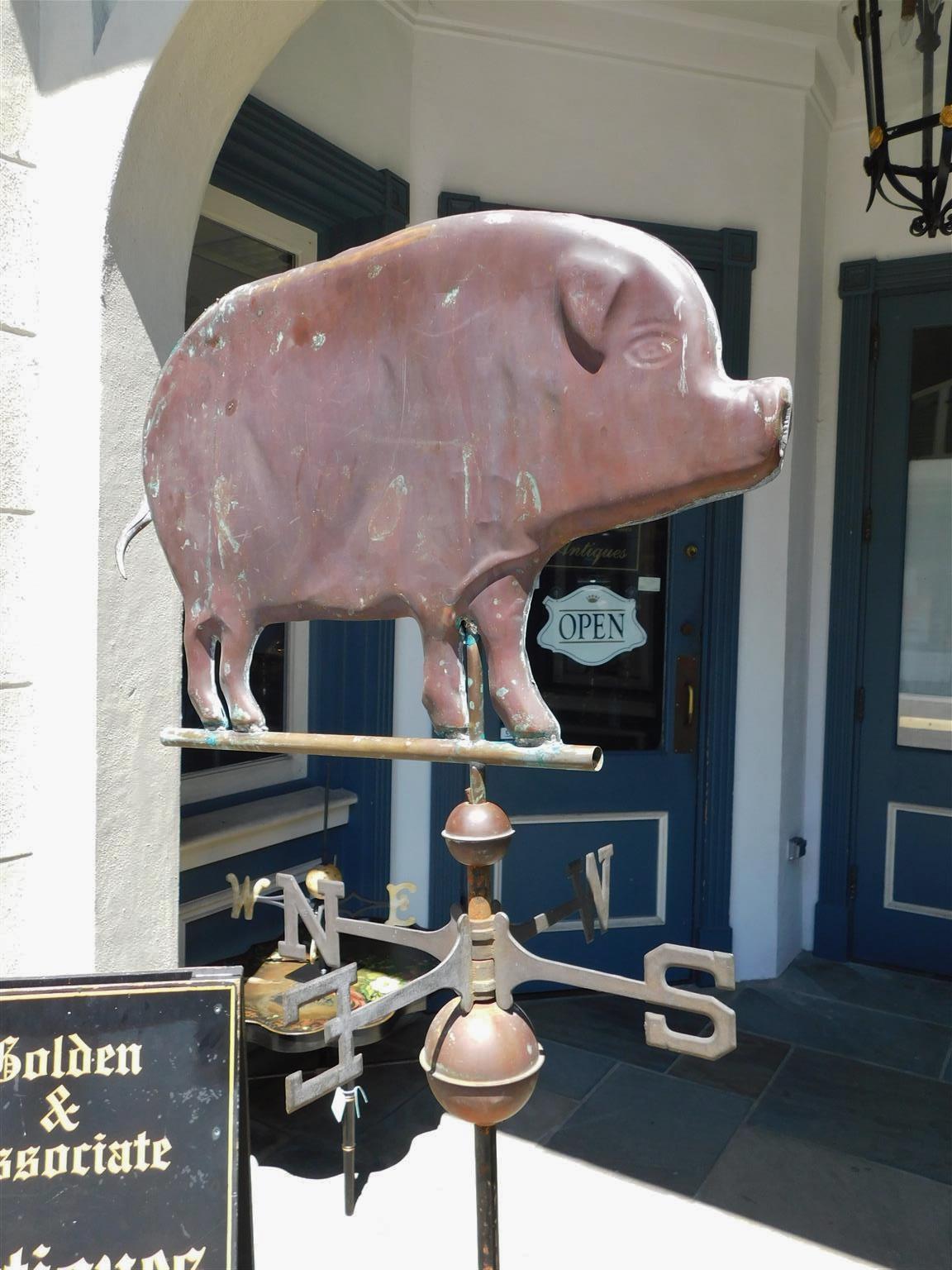 Folk Art American Copper Full Bodied Pig Directional Weathervane on Stand, circa 1880 For Sale