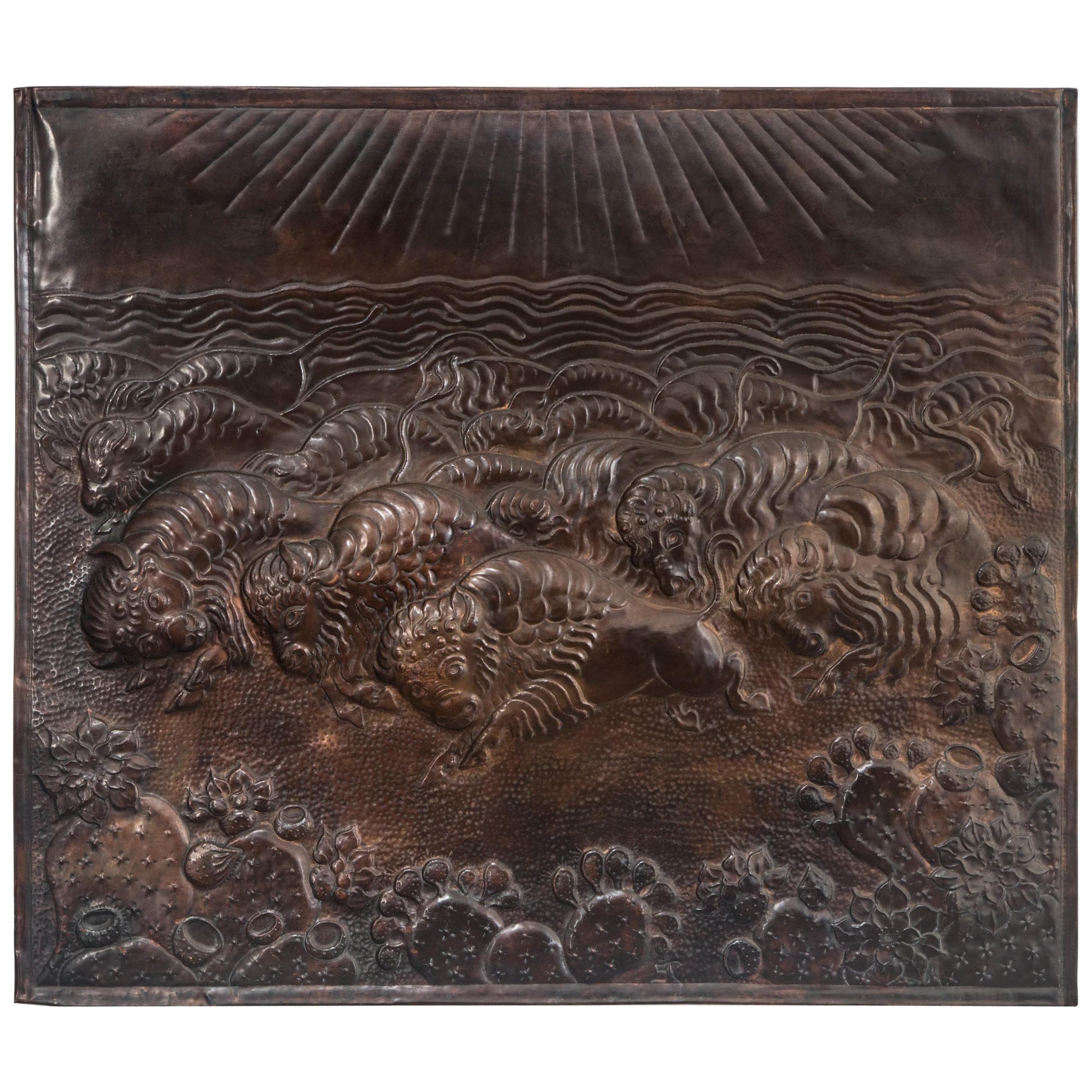 American Copper Low-Relief of a Herd of Bison / Buffalo For Sale