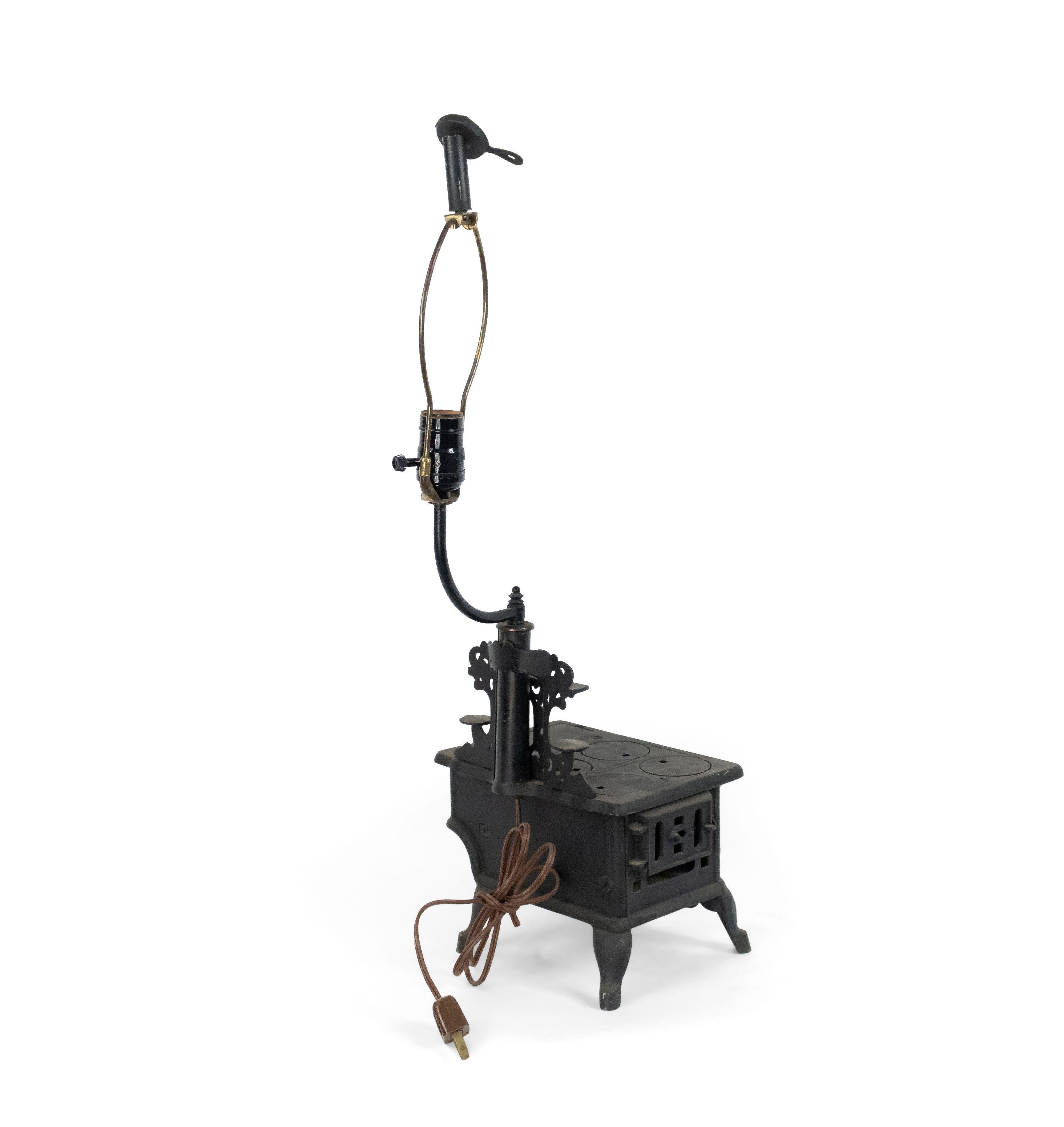 20th Century American Country Black Iron Stove Table Lamp For Sale