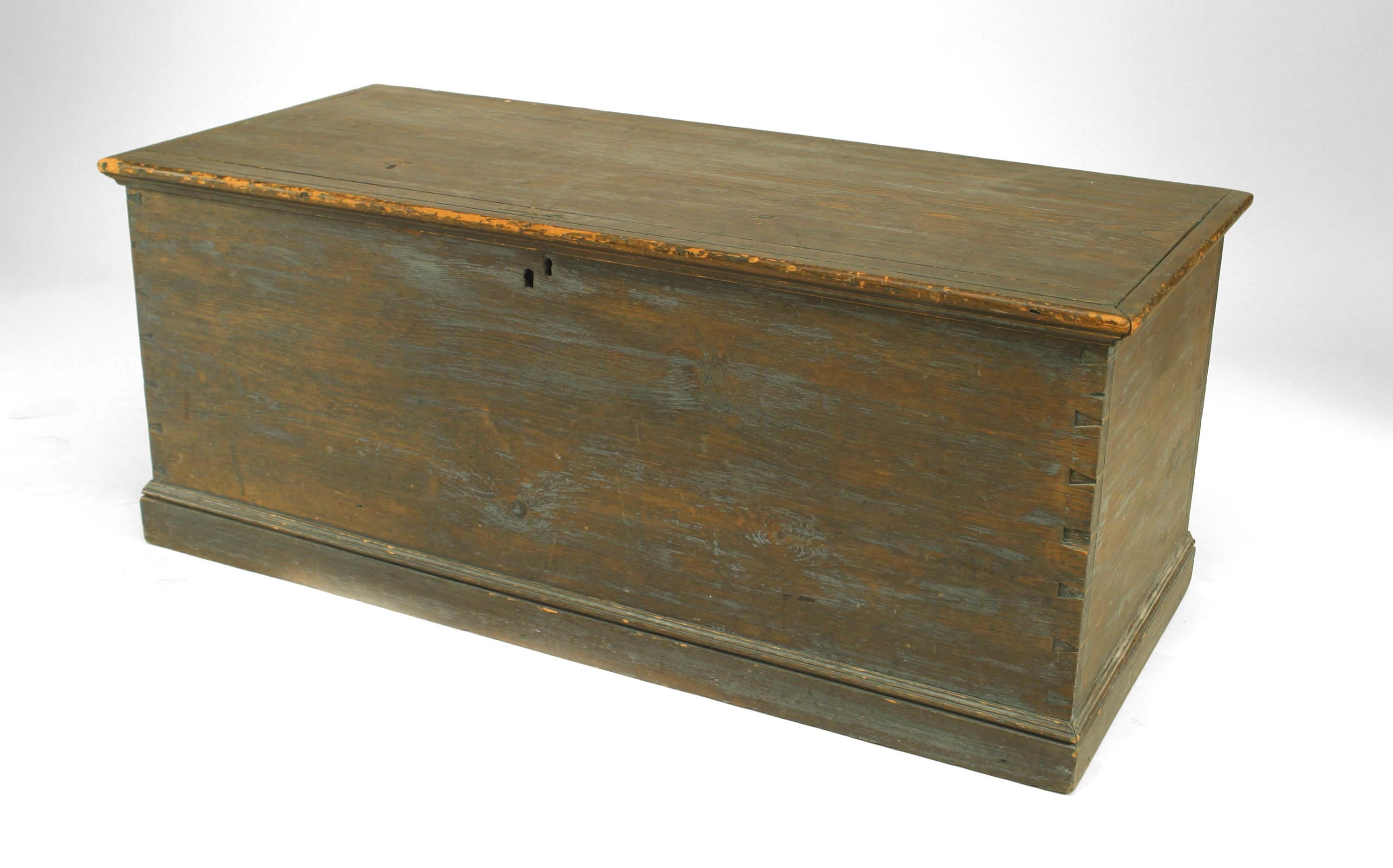 American Country (18/19th Cent) blue painted pine blanket chest/floor trunk.
