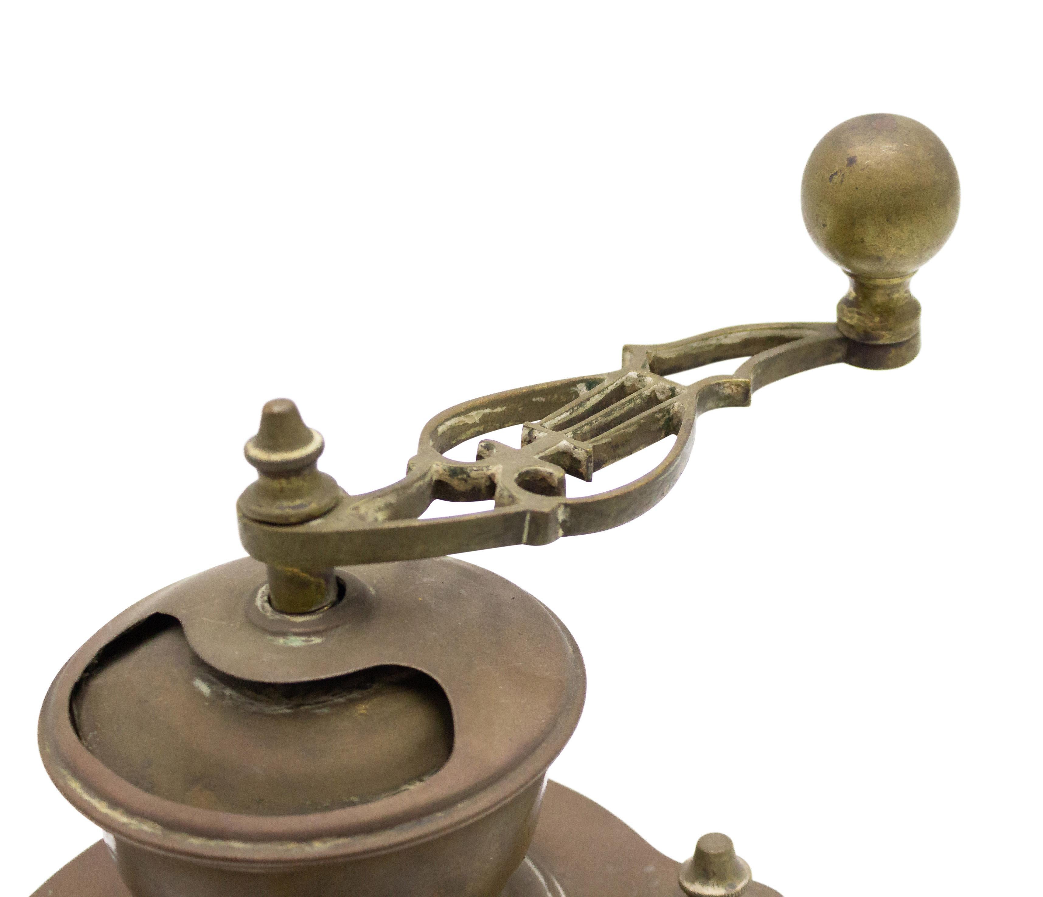 Etched American Country Brass Coffee Grinder For Sale
