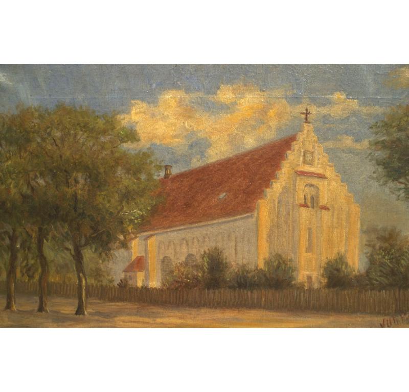 Paesaggio in stile country americano (XIX/XX secolo) di una chiesa in stile spagnolo bianca e rossa con alberi in una cornice dorata.