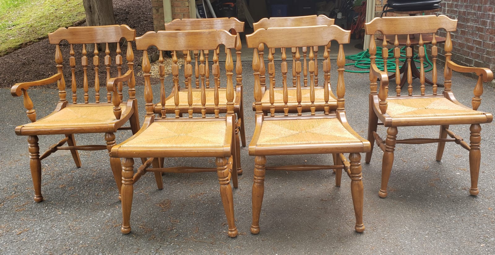American Country Dining Chairs with Rush Seats and Loose Tufted Vinyl Seat Pads For Sale 6