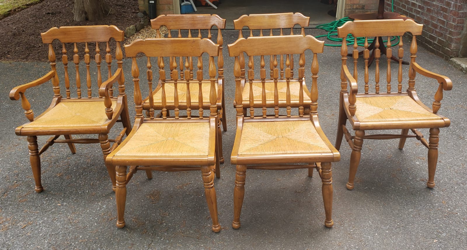 American Country Dining Chairs with Rush Seats and Loose Tufted Vinyl Seat Pads For Sale 7