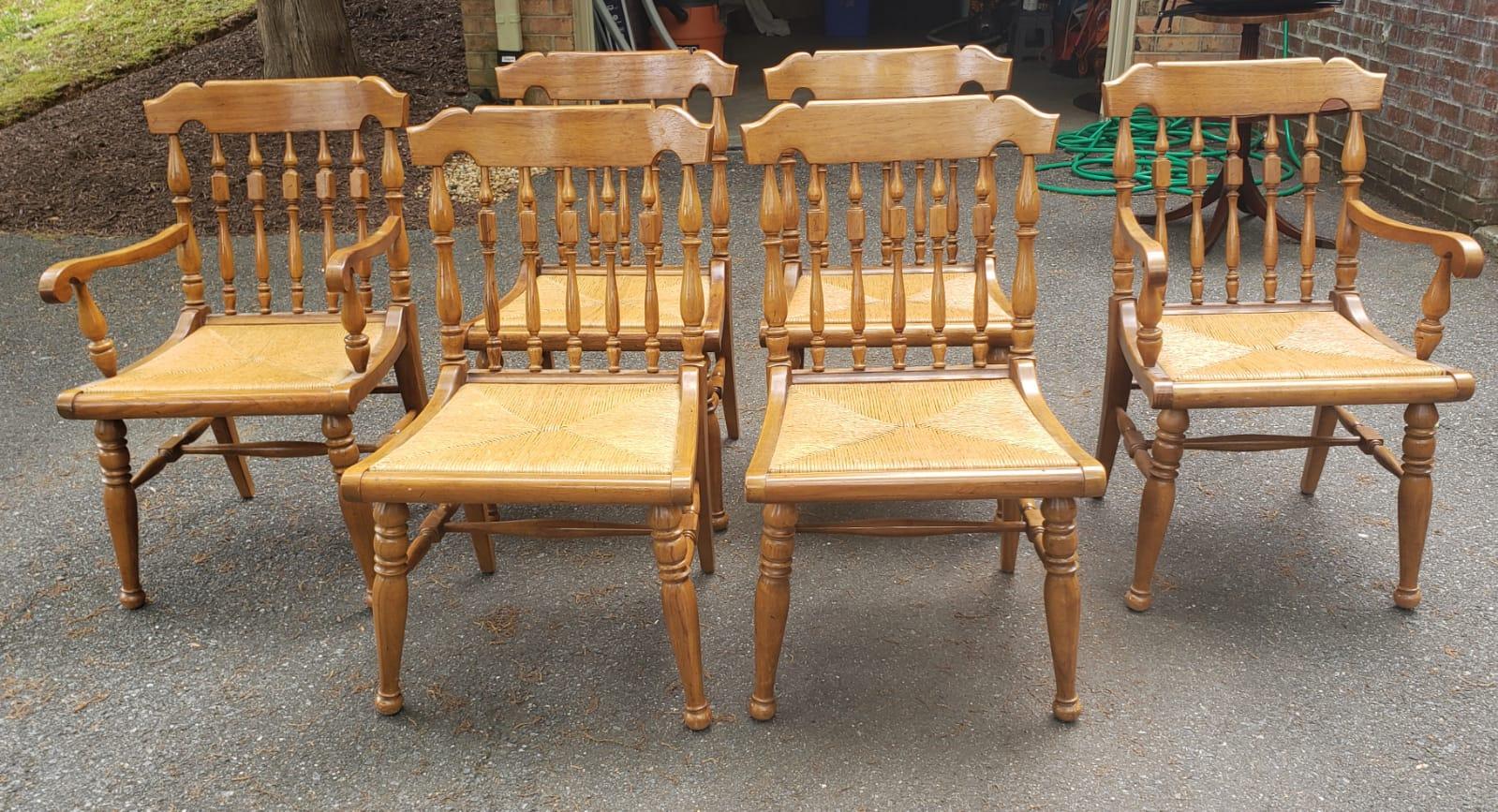 American Country Dining Chairs with Rush Seats and Loose Tufted Vinyl Seat Pads For Sale 8