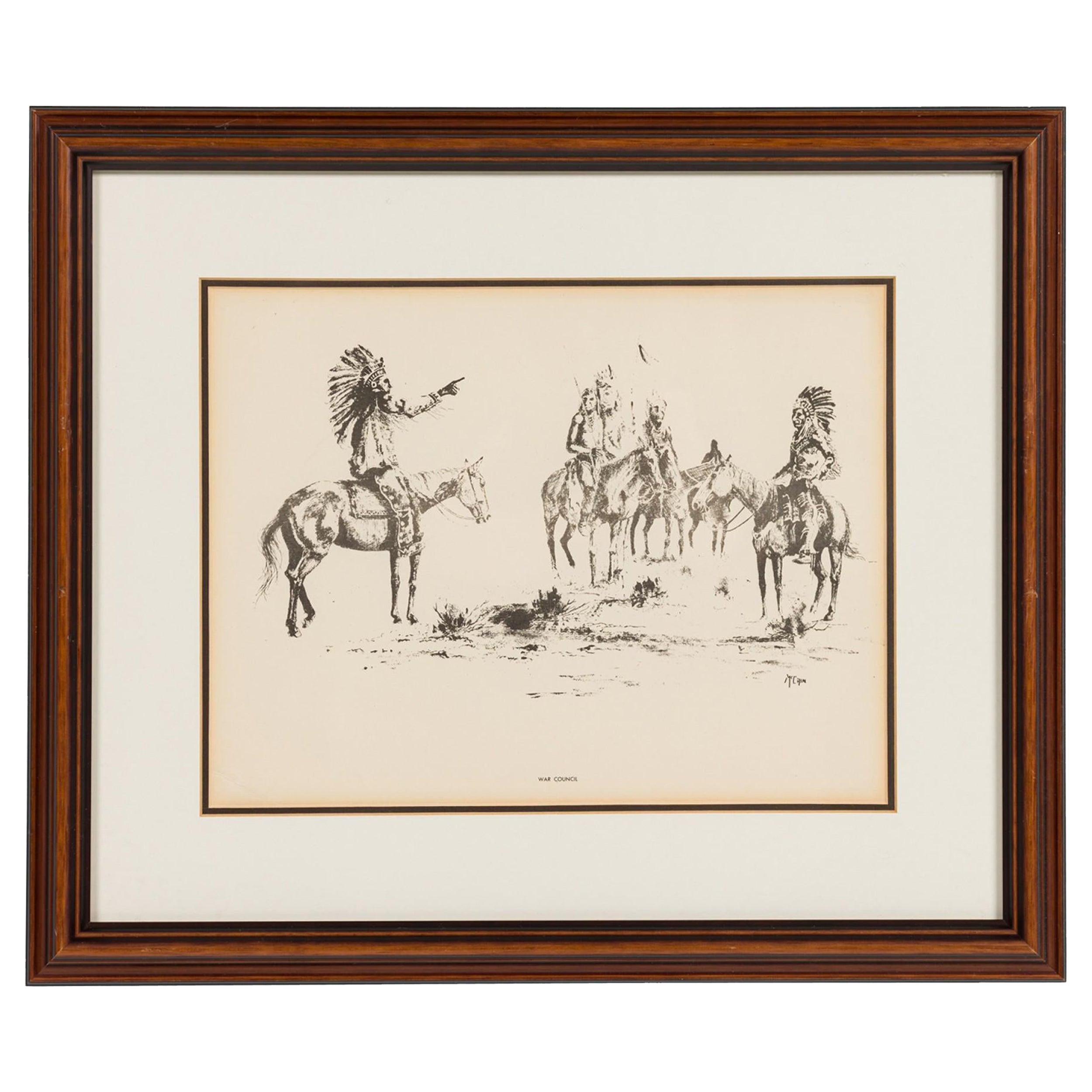 American Country Framed Print of 5 Native Americans Chiefs, "War Council" en venta