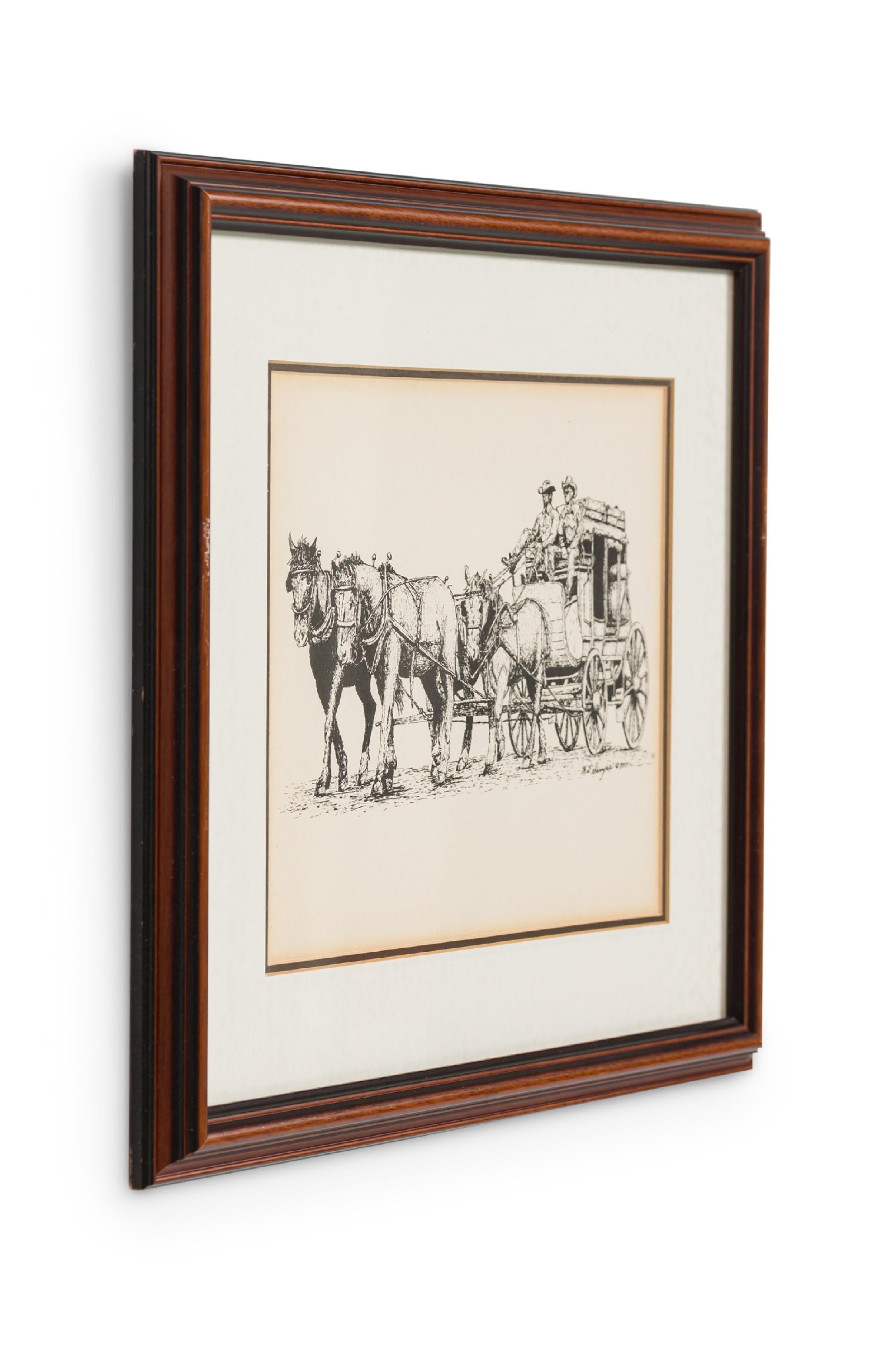 Gravure de style western américain représentant une diligence et des chevaux dans un cadre en acajou et un passe-partout blanc (SIGNÉE : K. L. SAWYER) (articles similaires : NWL7281,, 7282A, 7283, 7285)
