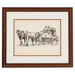 Antique American Country Framed Print of Two Cowboys On a StageCoach WIth Four Horses