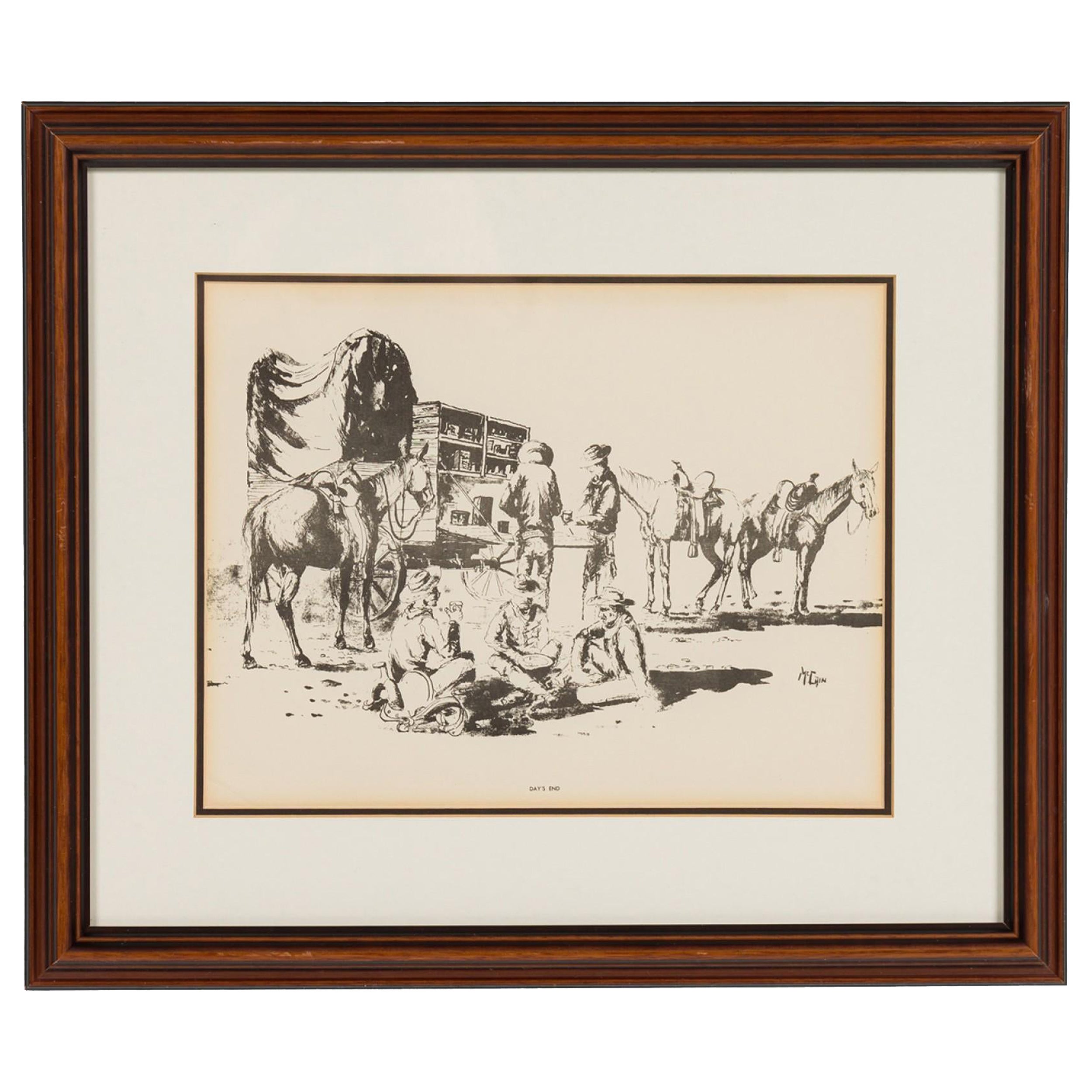 American Country Framed Print of Western Cowboys and Horses at rest, "Day
s End" en venta