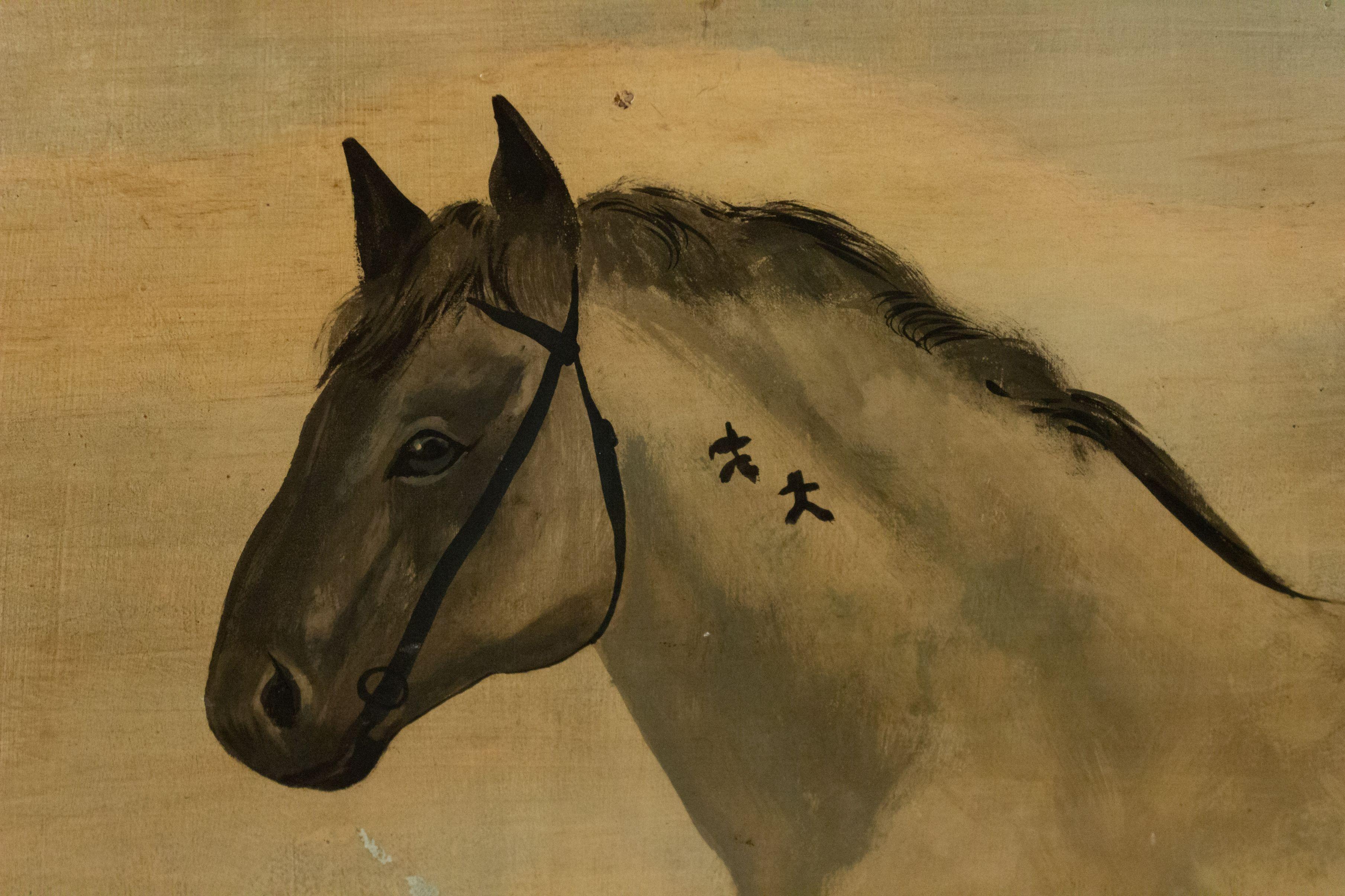 Peinture à l'huile de style country américain (20ème siècle) représentant un cheval Breton (signée BENEDETTO)