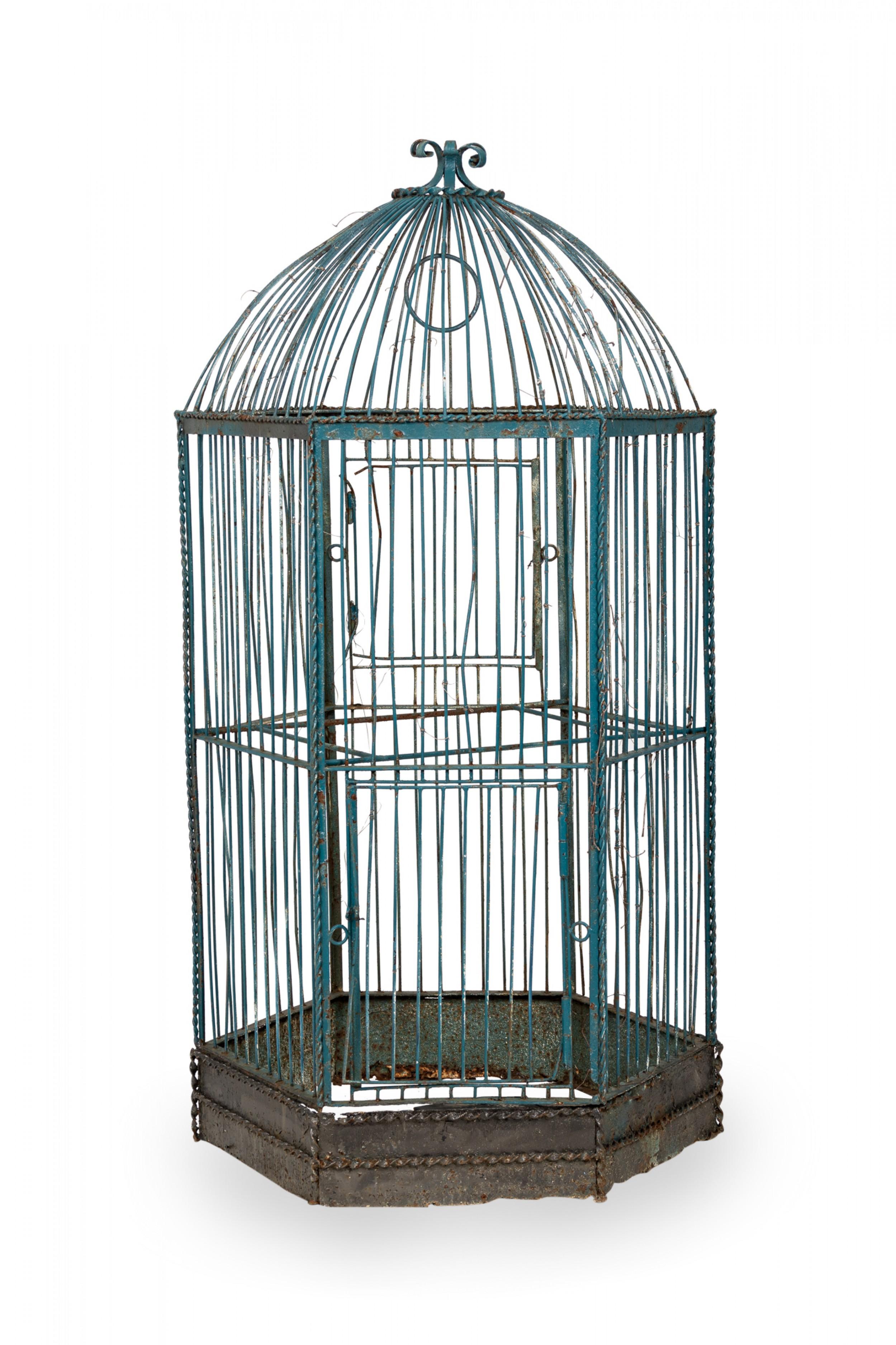 American country outdoor birdcage with teal painted metal wire frame and domed roof.

Some wear and rust to painted finish. Some missing parts.