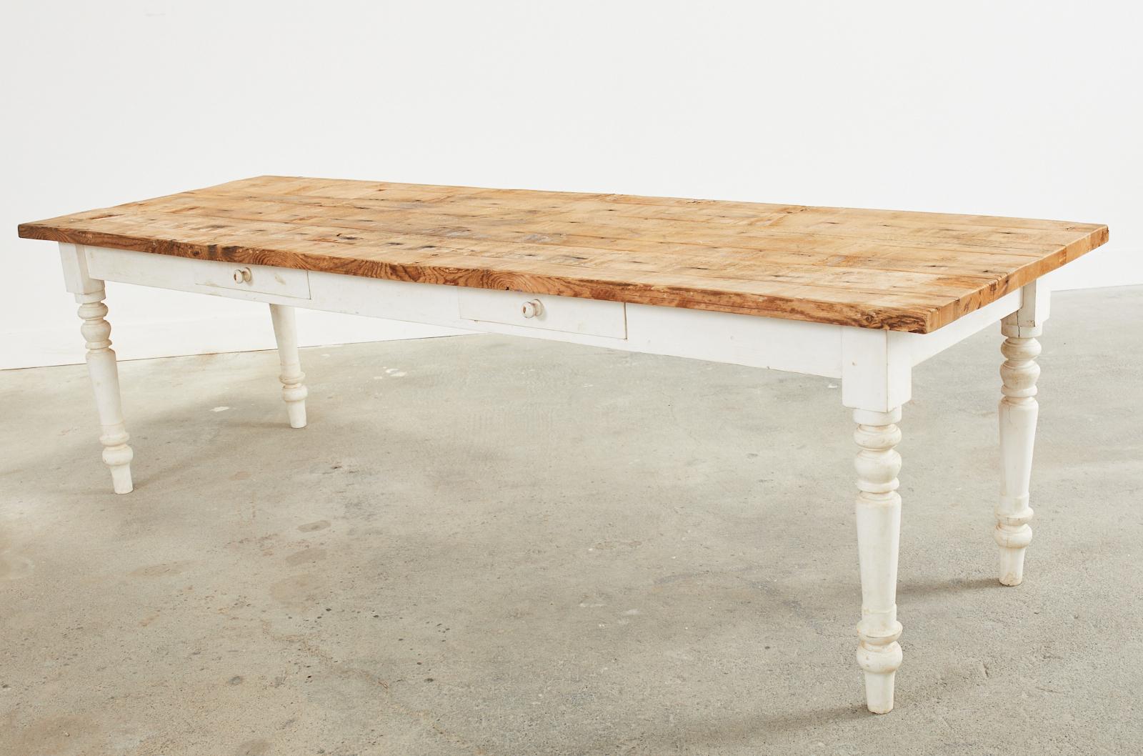 20th Century American Country Painted Pine Farmhouse Dining Harvest Table For Sale