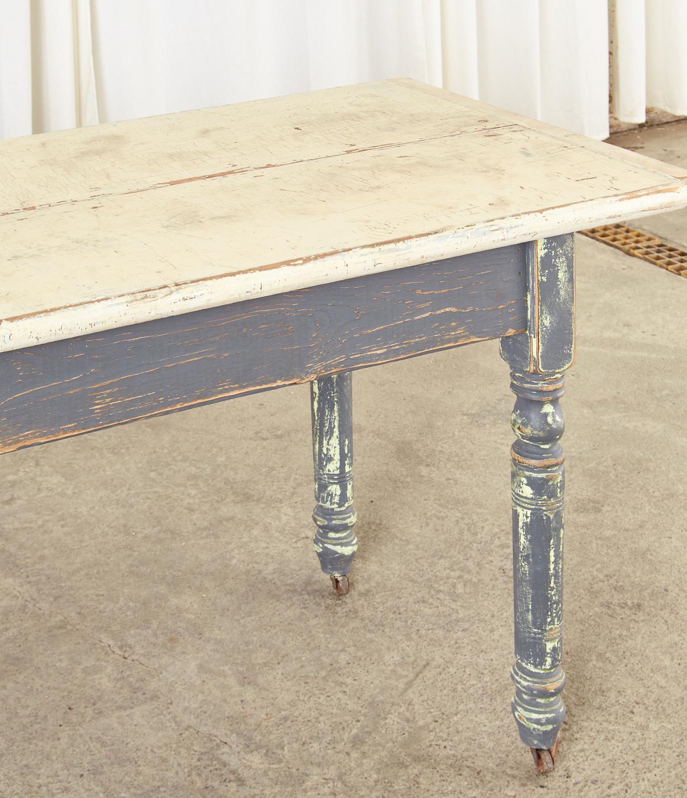American Country Painted Pine Farmhouse Dining Table or Console  For Sale 8