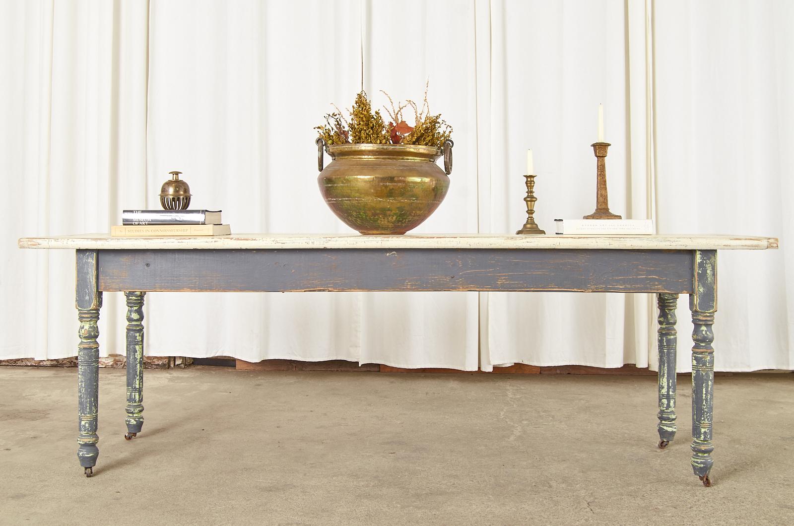 Rustic American Country Painted Pine Farmhouse Dining Table or Console For Sale