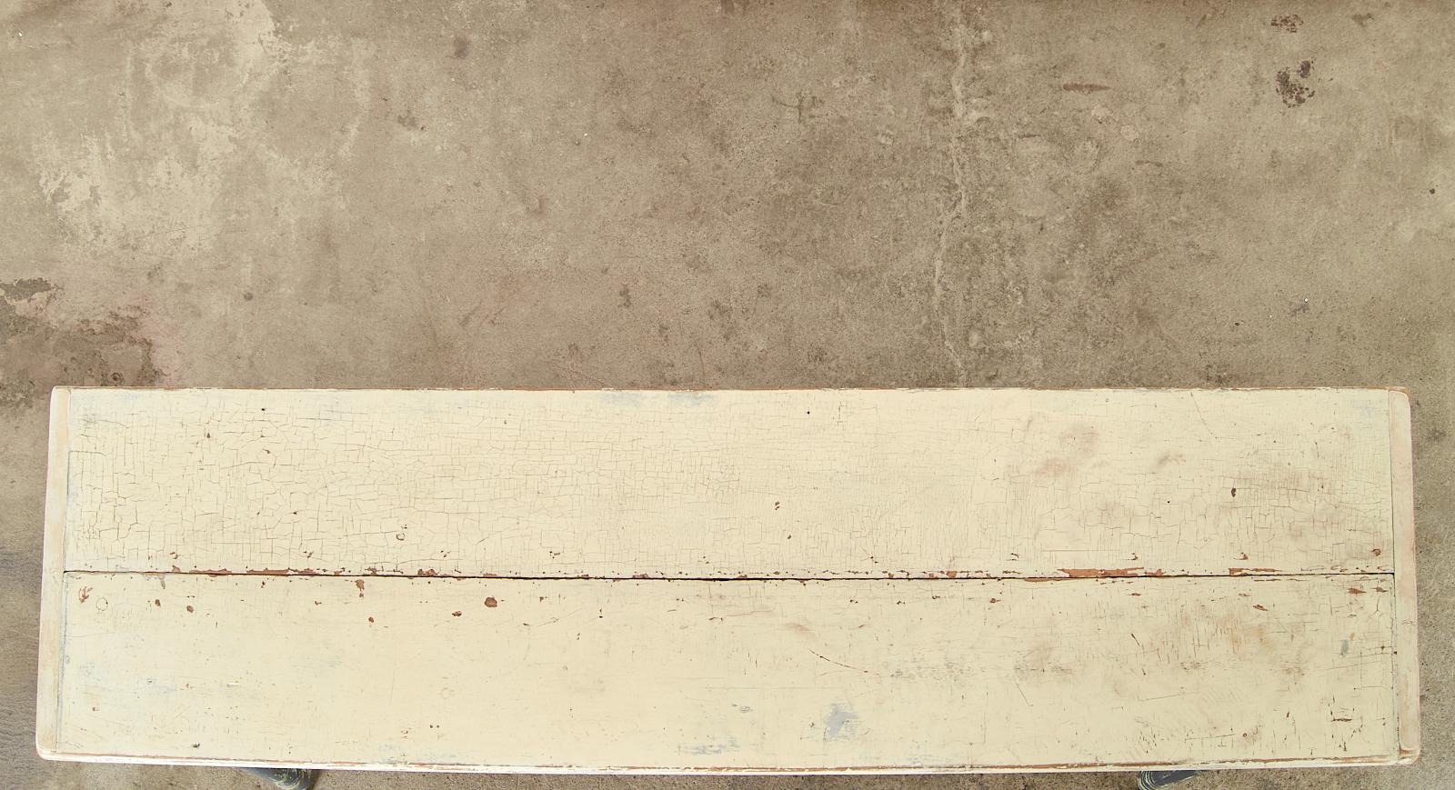 American Country Painted Pine Farmhouse Dining Table or Console In Distressed Condition For Sale In Rio Vista, CA