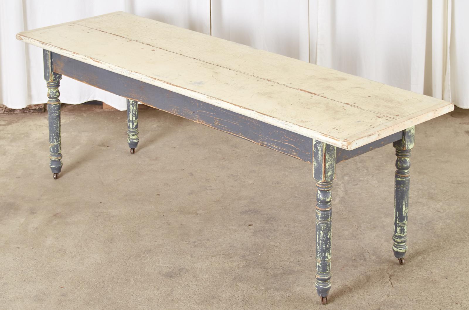 Metal American Country Painted Pine Farmhouse Dining Table or Console  For Sale