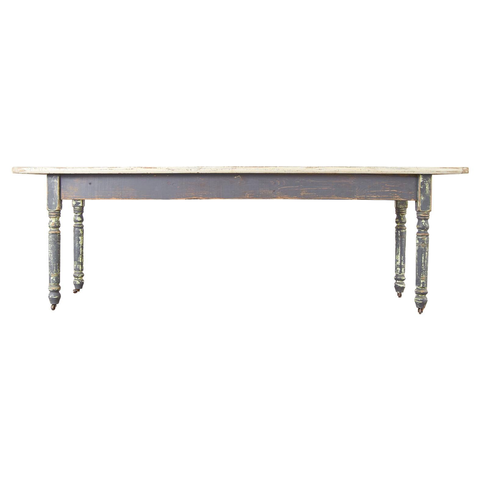 American Country Painted Pine Farmhouse Dining Table or Console For Sale