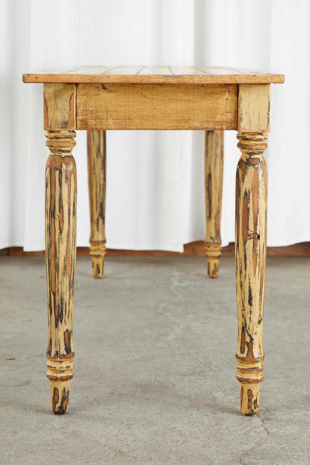 American Country Painted Pine Farmhouse Harvest Table In Distressed Condition In Rio Vista, CA
