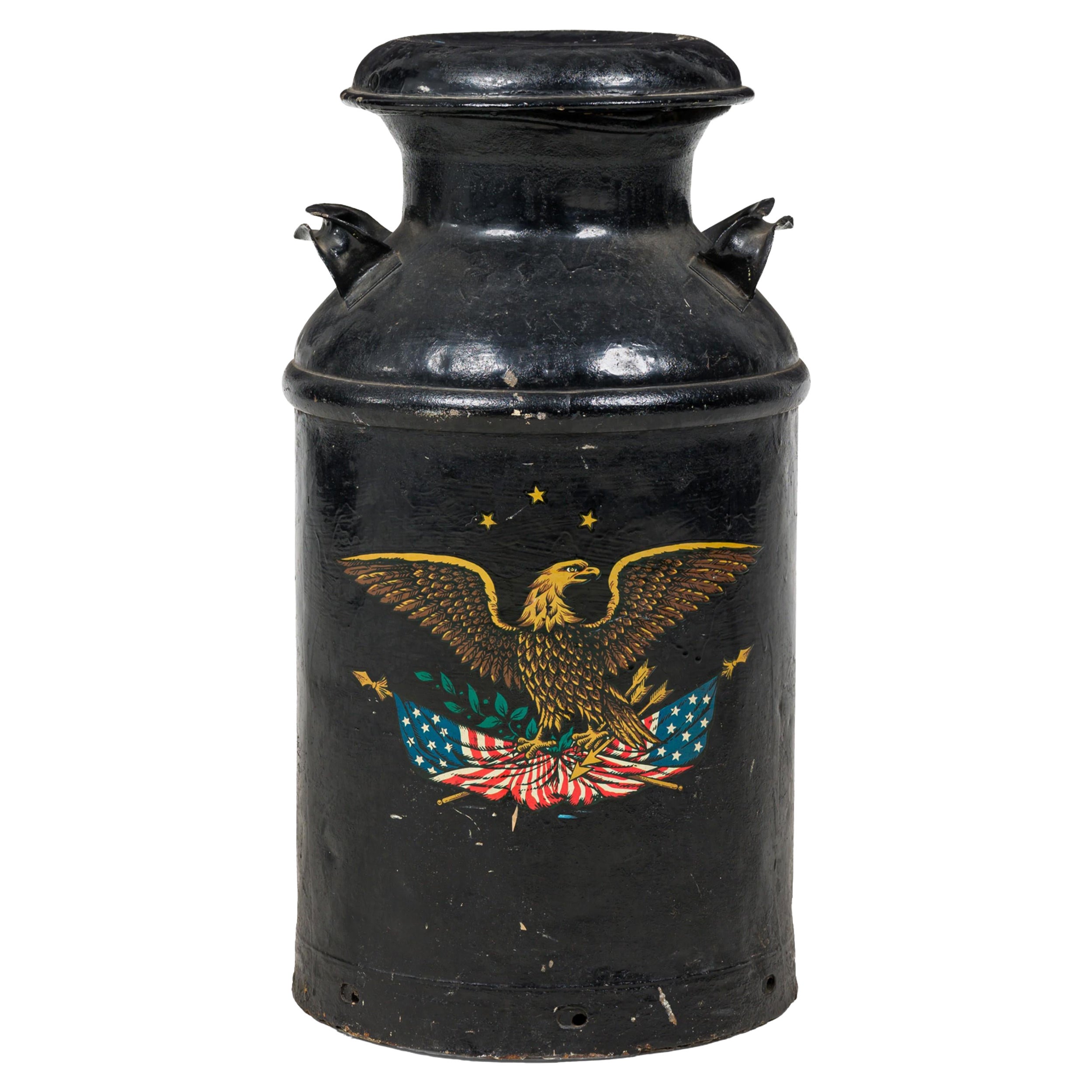 American Country Patriotic Painted Milk Pail with Eagle and American Flags For Sale