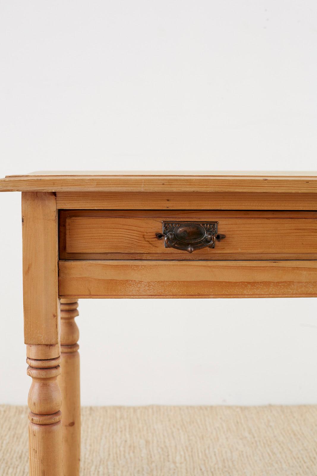 Brass American Country Pine Farmhouse Writing Table or Console