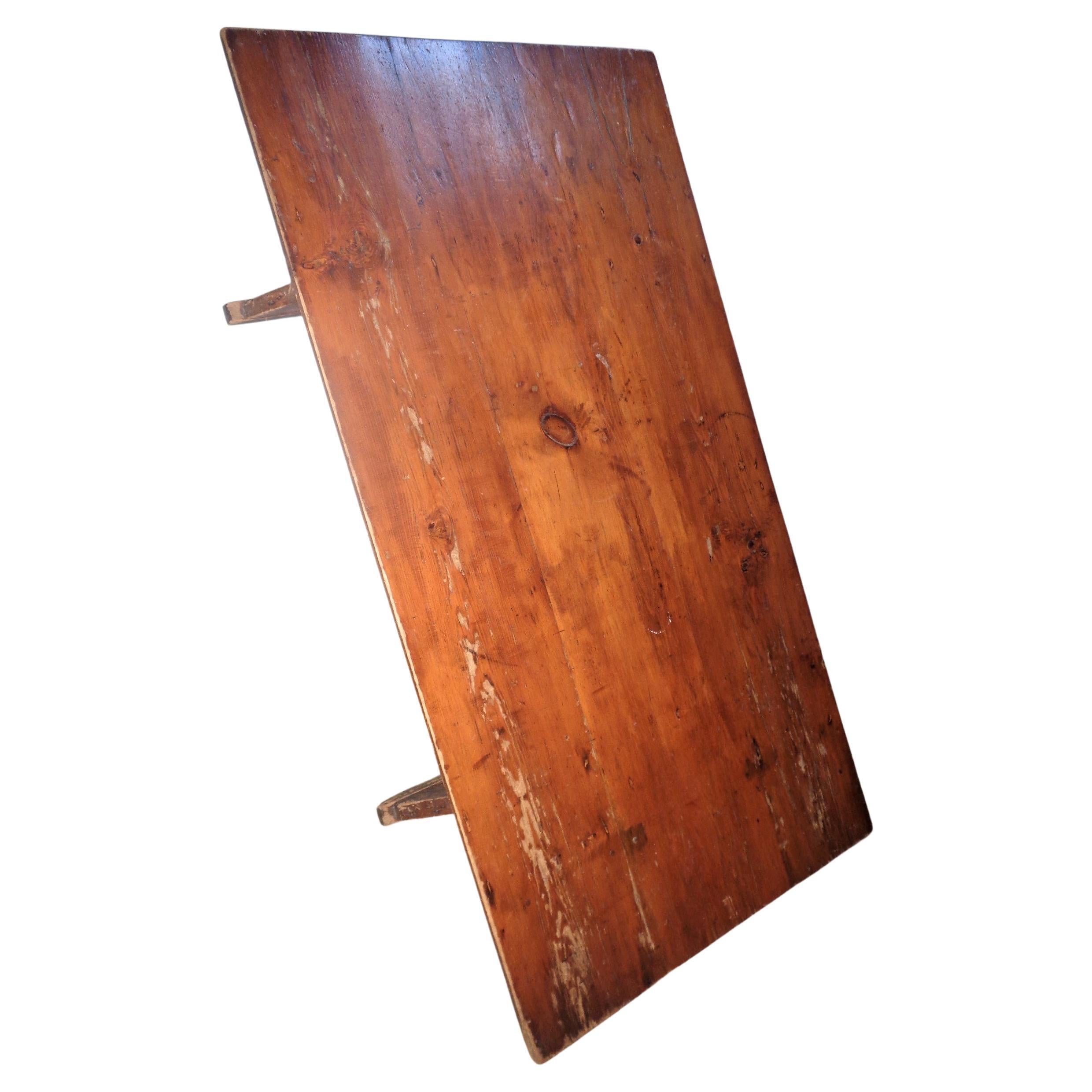 Hand-Crafted  Country Pine Sawbuck Trestle Dining Table, Circa 1940 For Sale