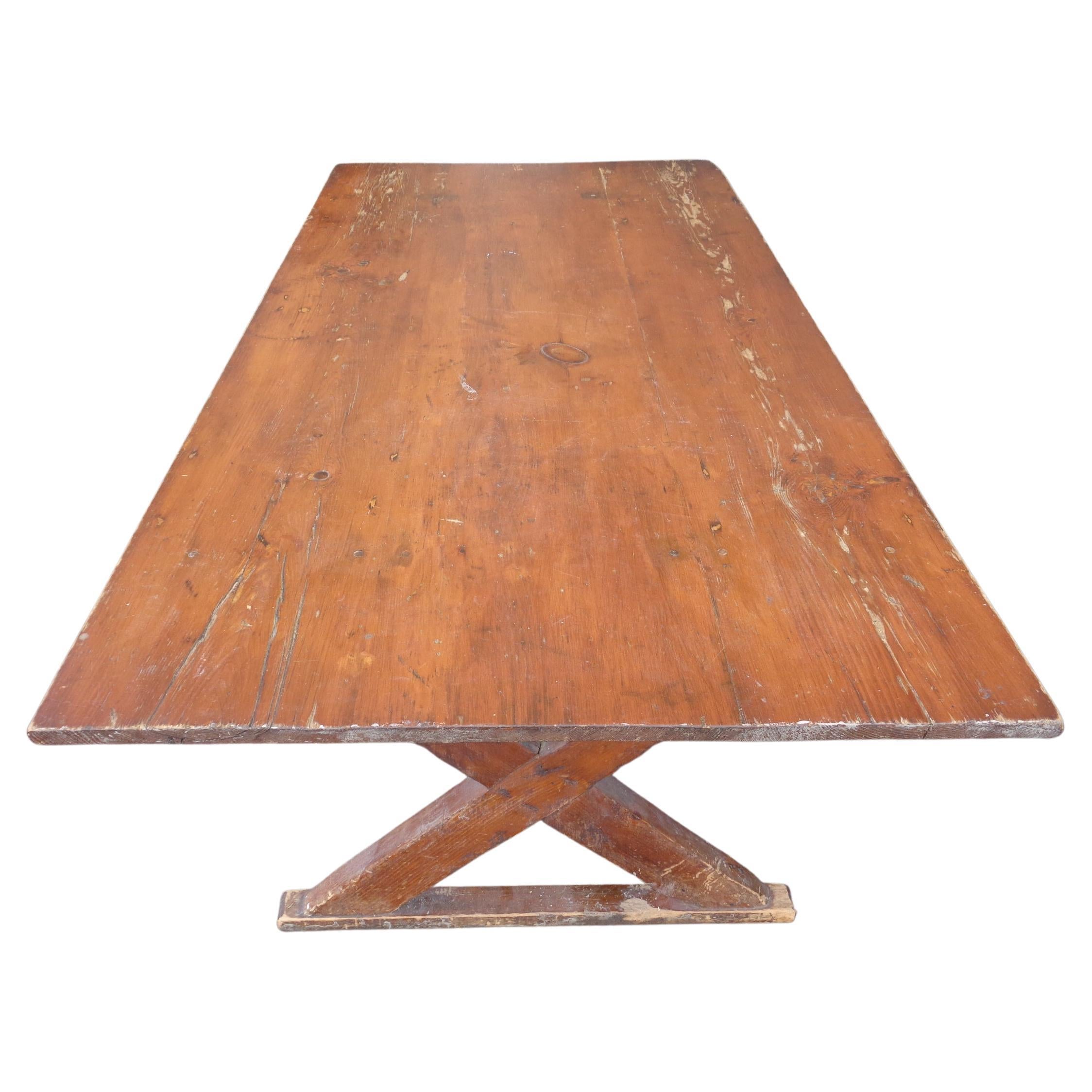  Country Pine Sawbuck Trestle Dining Table, Circa 1940 For Sale 1