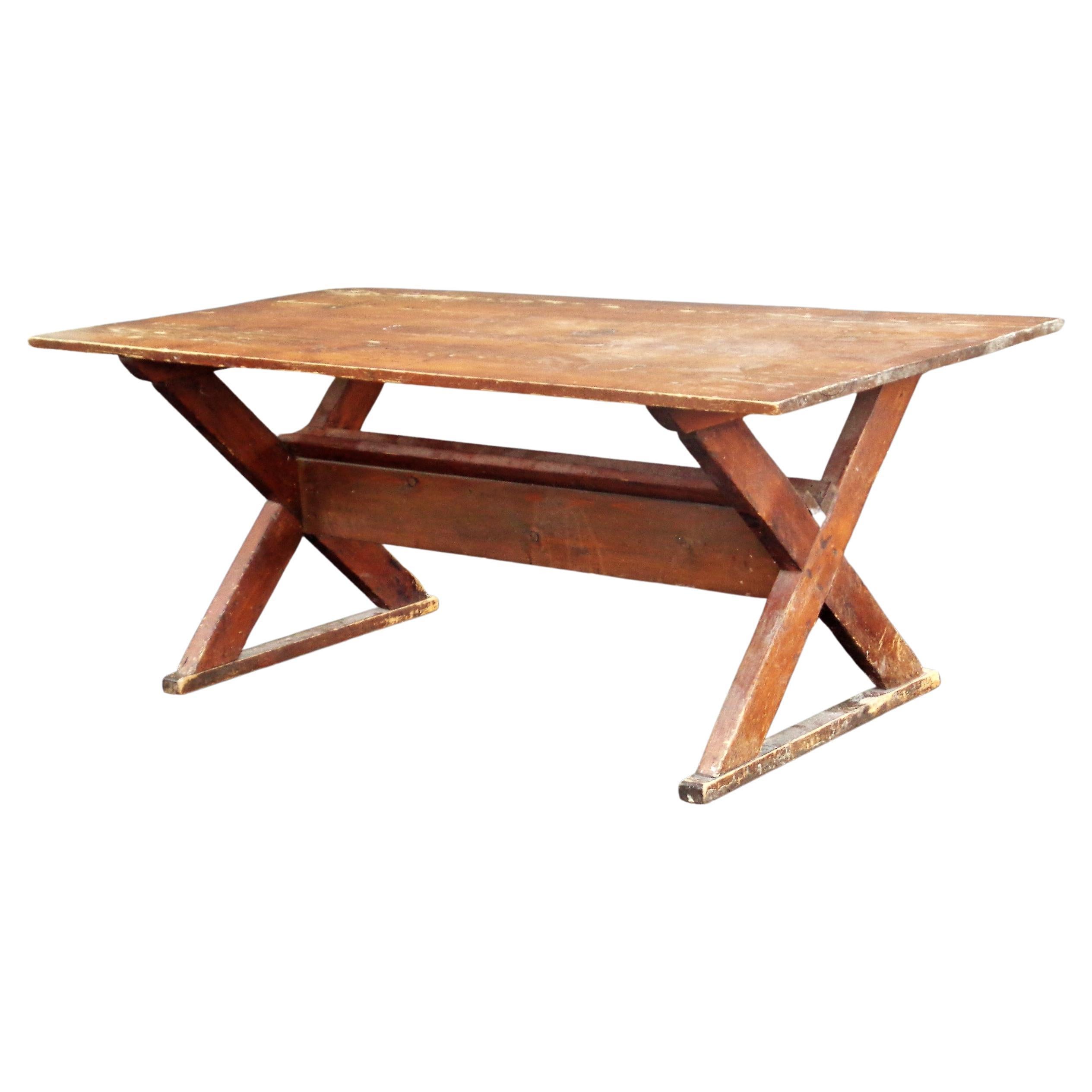  Country Pine Sawbuck Trestle Dining Table, Circa 1940 For Sale