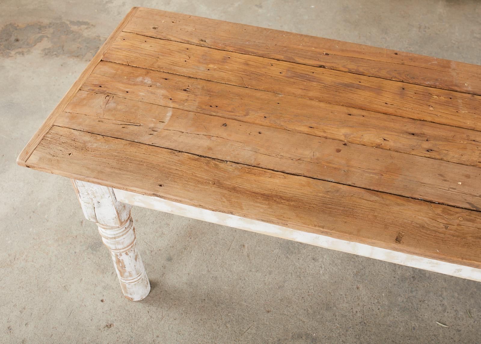 Painted American Country Reclaimed Pine Farmhouse Dining Table For Sale