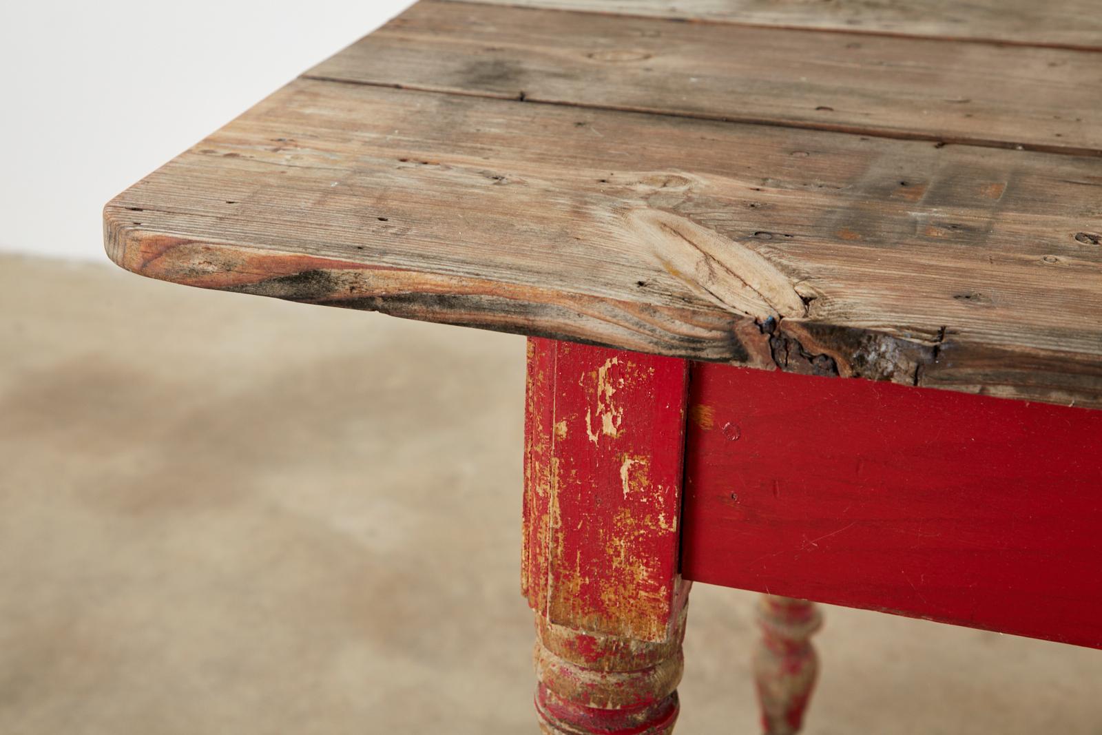American Country Red Painted Pine Farmhouse Dining Table  5