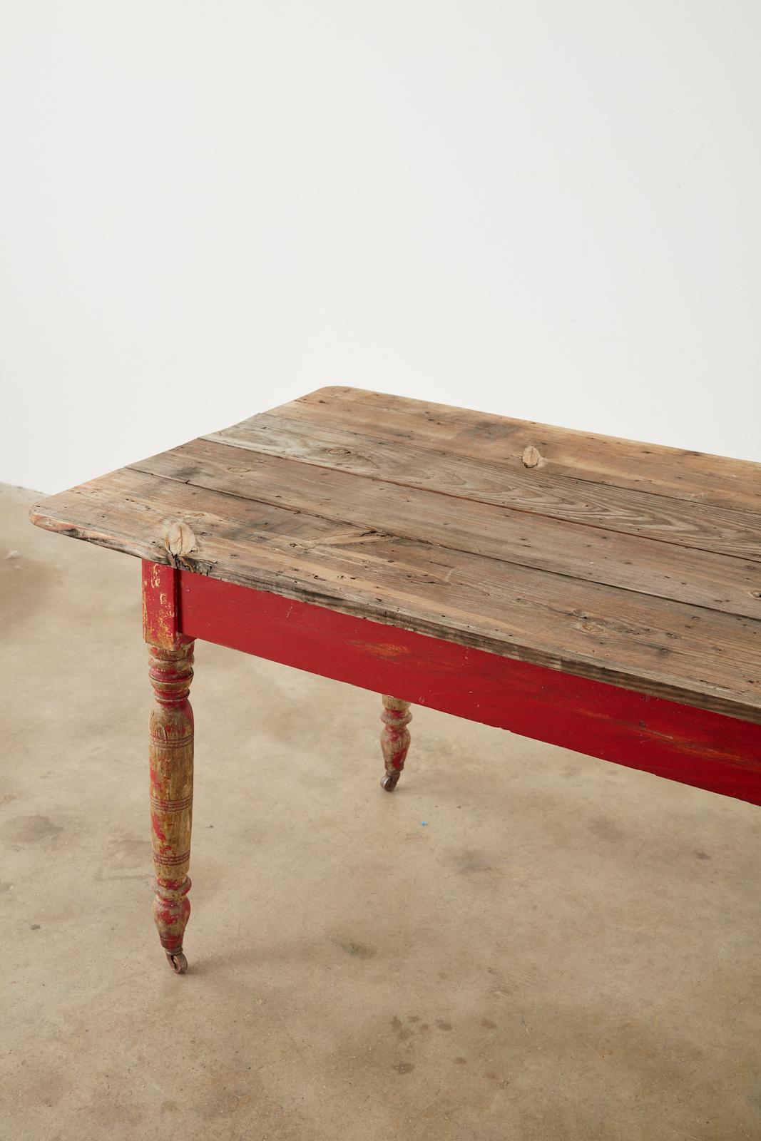 American Country Red Painted Pine Farmhouse Dining Table  1
