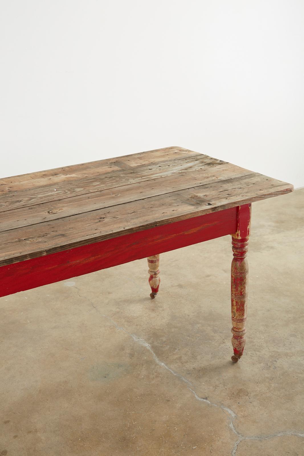 American Country Red Painted Pine Farmhouse Dining Table  2