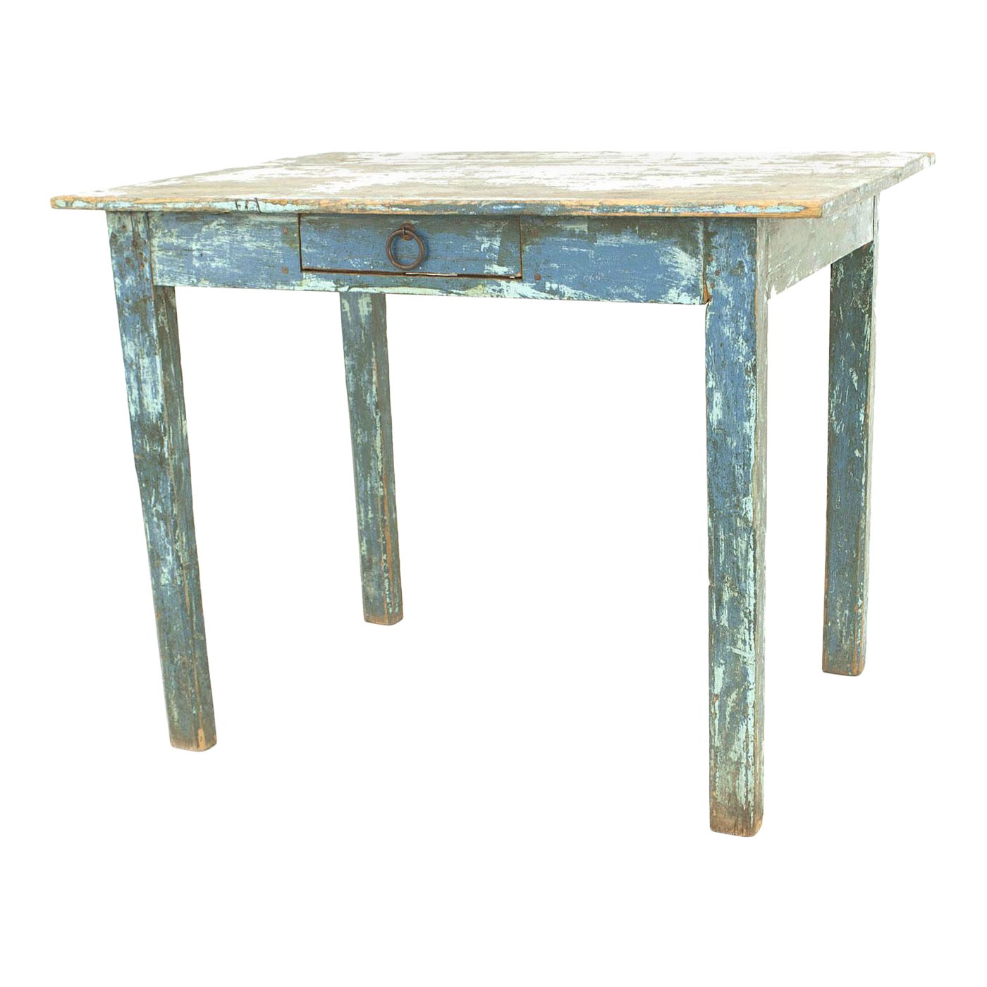 American Country Rustic Blue Painted Drop Leaf Table For Sale
