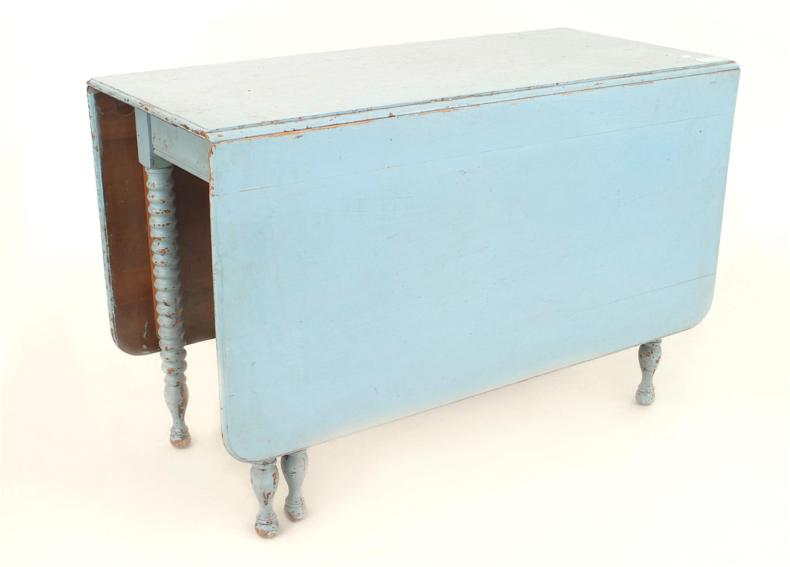 American Country Rustic-Style (19th Century) rectangular antique blue painted drop leaf table dining with spool design legs.
