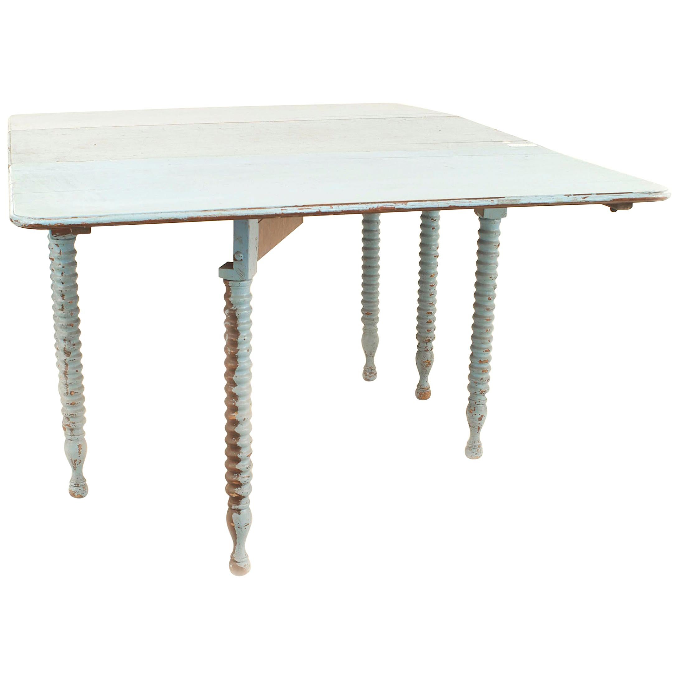 American Country Rustic Blue Painted Drop Leaf Table For Sale