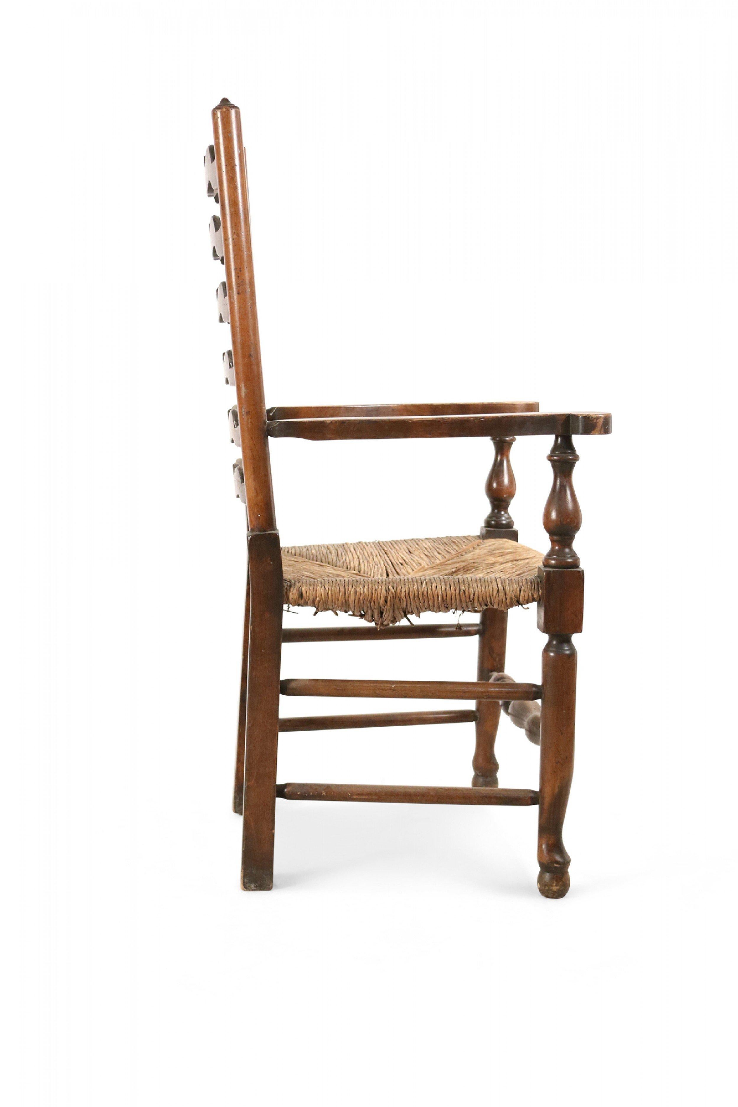 American Country Rustic Style Ladder Back and Rush Seat Arm Chair In Good Condition In Queens, NY
