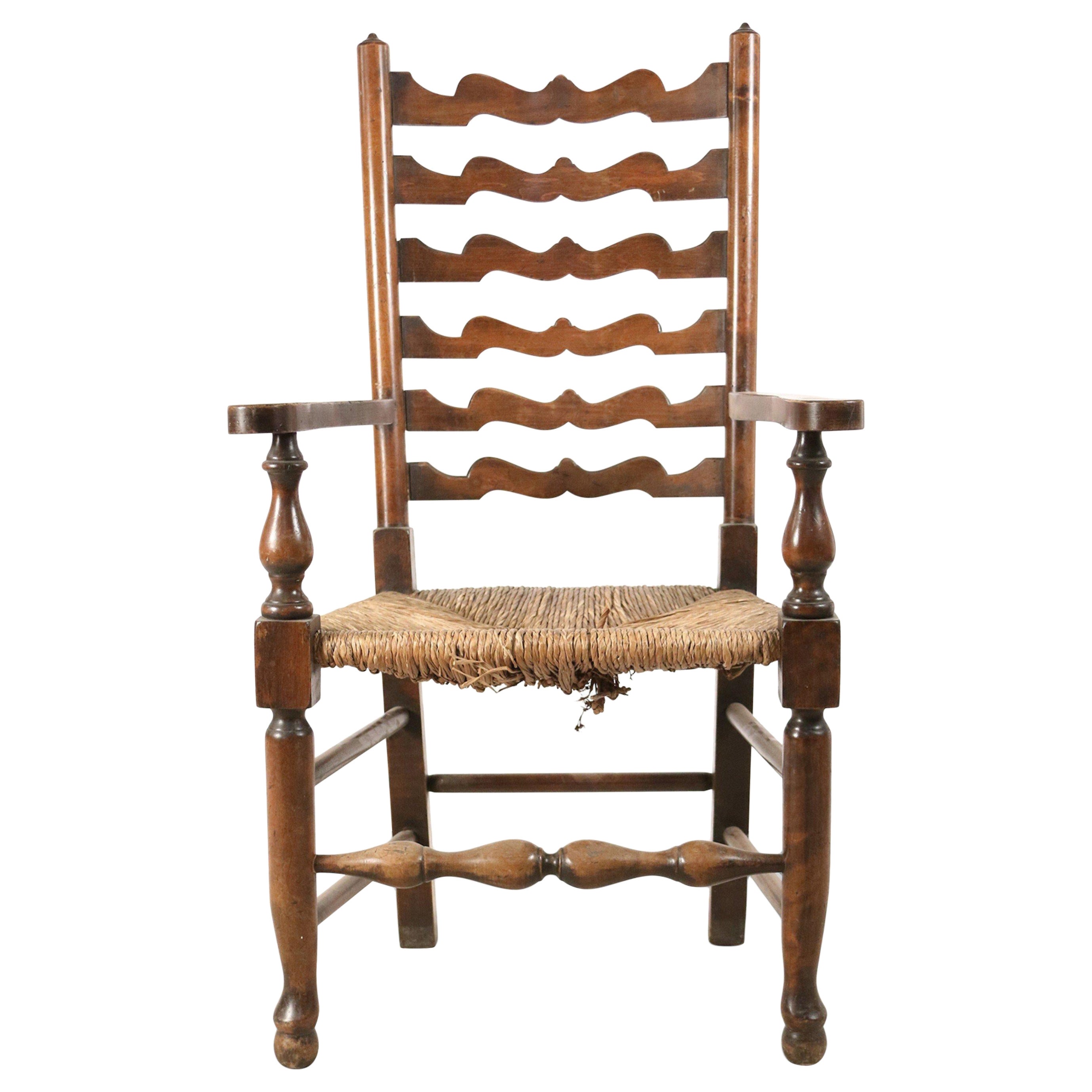 American Country Rustic Style Ladder Back and Rush Seat Arm Chair