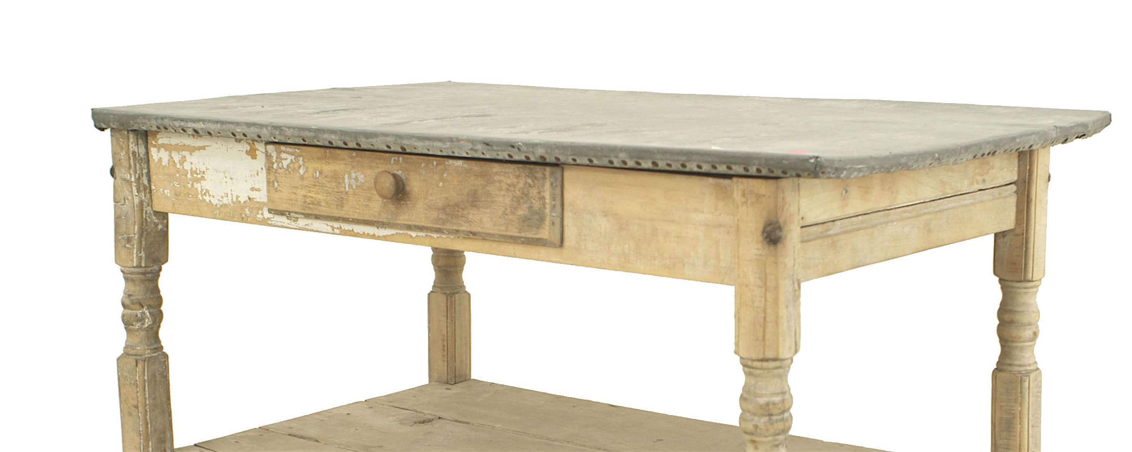 American Country Rustic Stripped Work Table with Zinc Top In Good Condition For Sale In New York, NY