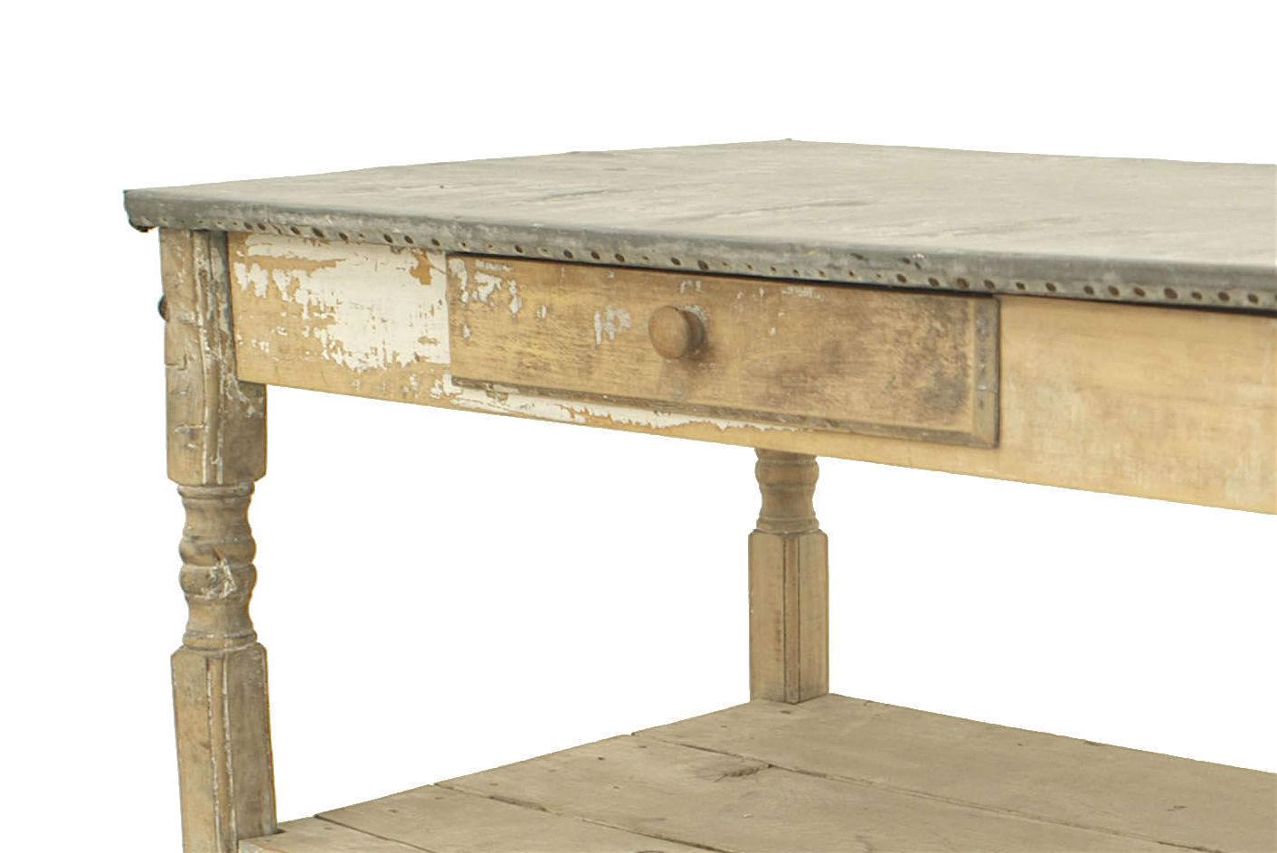 19th Century American Country Rustic Stripped Work Table with Zinc Top