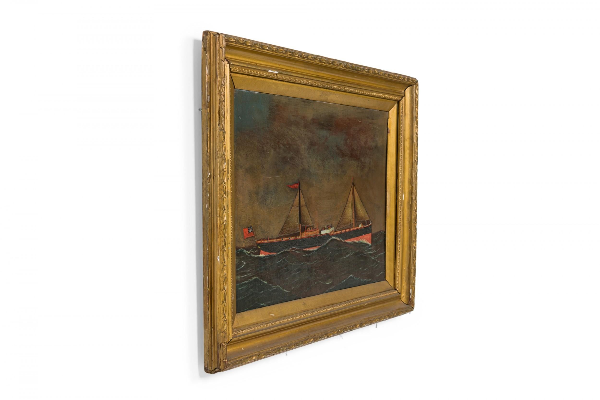 American Country (20th Cent) gilt framed seascape oil painting of black and red freighter (Stentor)