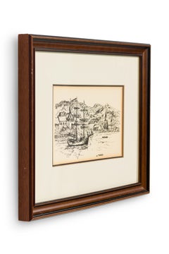 American Country Seascape Sketch Of A Port Town And A Sail Boat