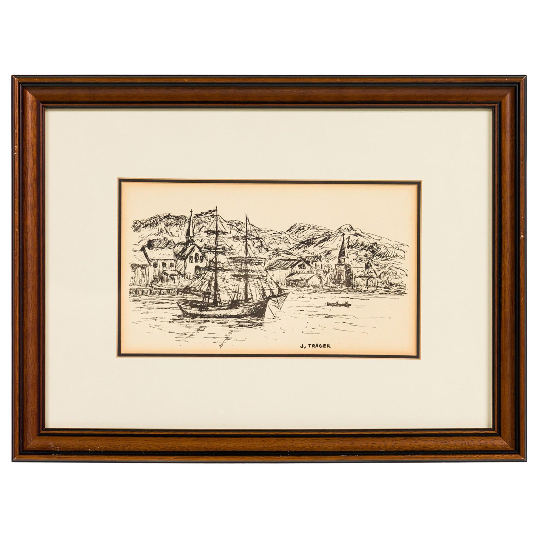 American Country Seascape Sketch Of A Port Town And A Sail Boat For Sale
